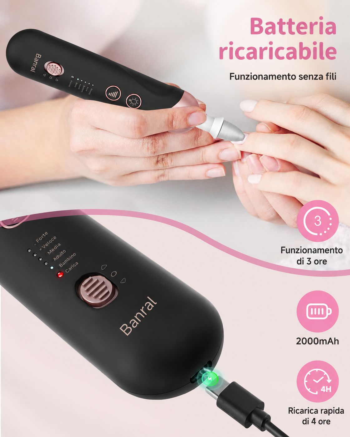 Set manicure elettrico nero e oro rosa. Ricaricabile. 3 ore di autonomia, 2000mAh, 4 ore di ricarica rapida. Banral.