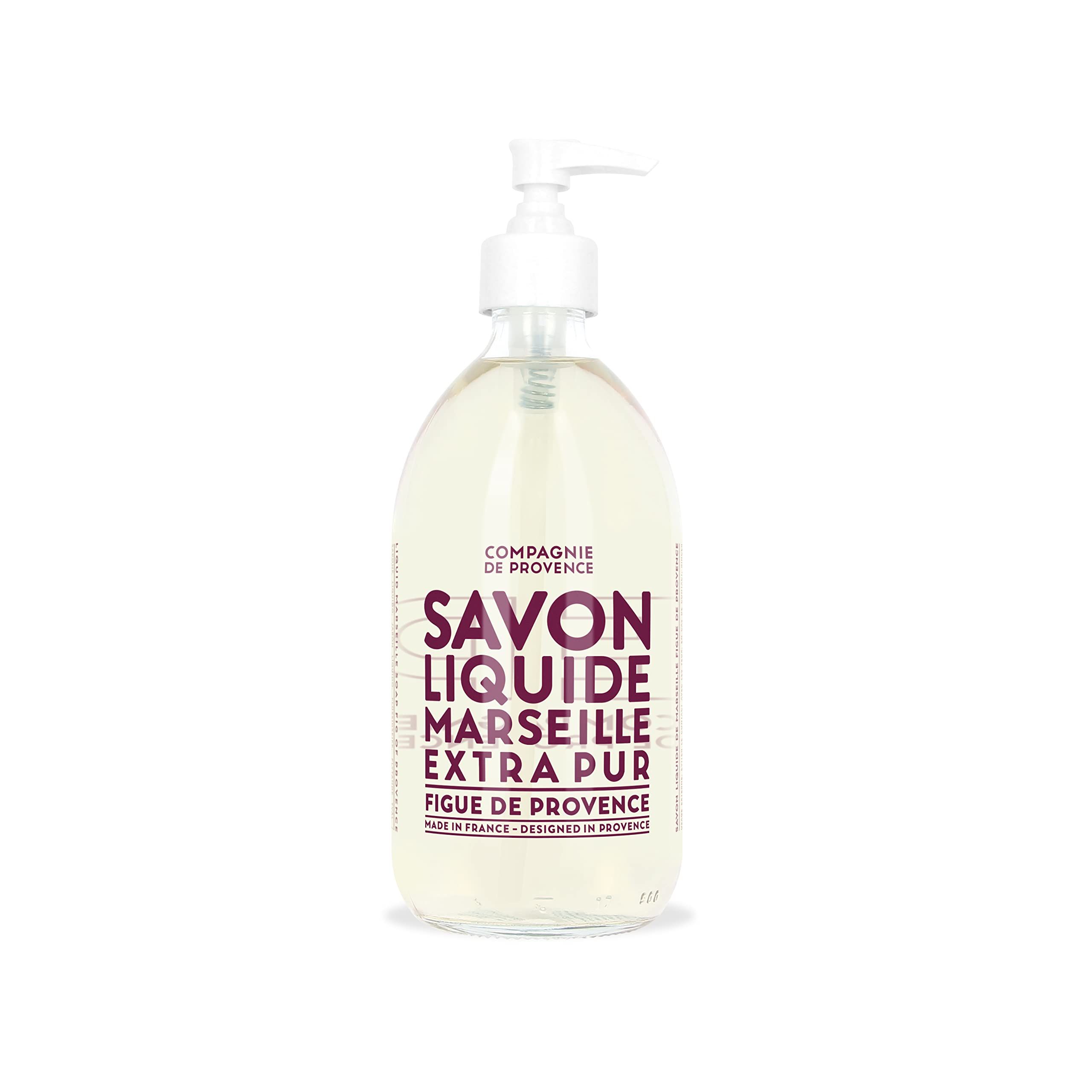 Sapone liquido Marsiglia Extra Pur Figu de Provence in flacone trasparente con dosatore. Etichetta con testo visibile.