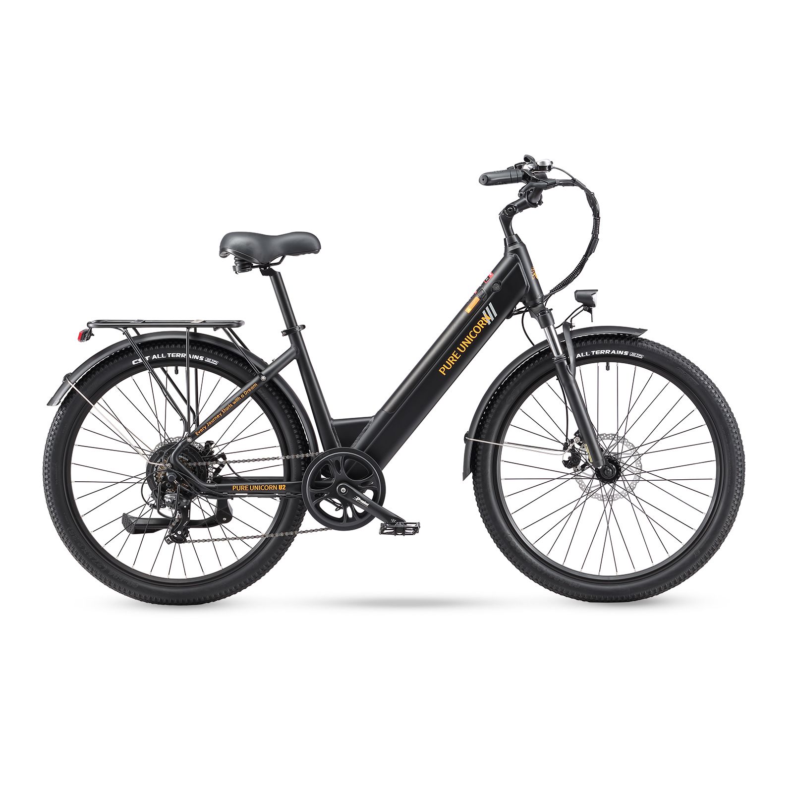E-bike nera con scritta gialla PURE UNICORN. Portapacchi, parafanghi e freni a disco.