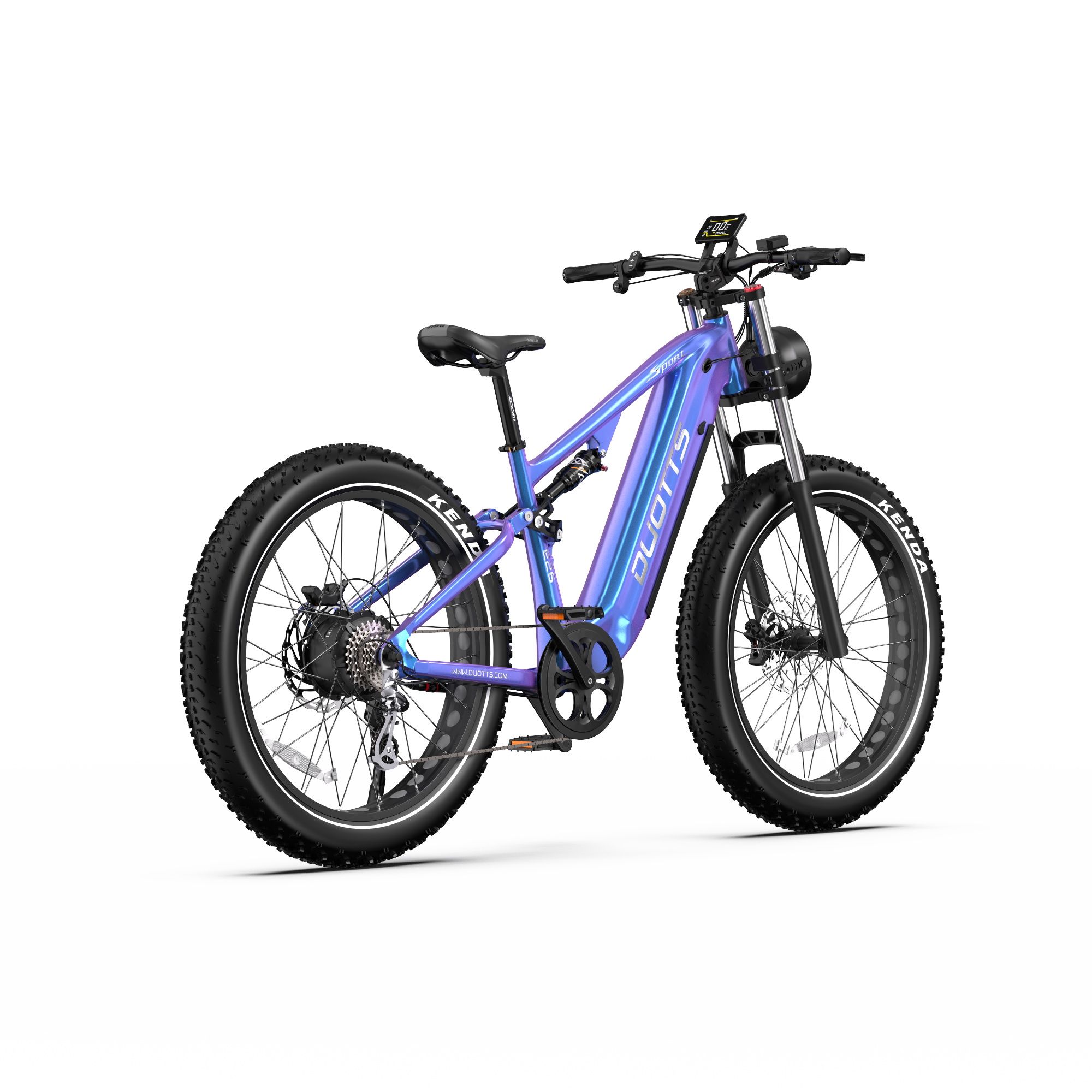 Mountain bike elettrica sfumata. Pneumatici, sella e manubrio neri. Logo DUOTTS sul telaio. Faro anteriore.