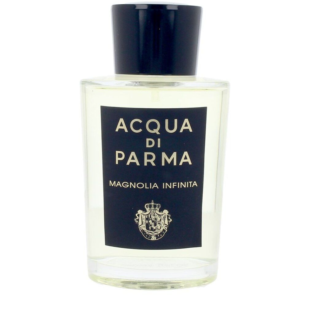 Flacone di profumo con tappo nero. Scritta: Acqua di Parma, Magnolia Infinita. Etichetta nera con stemma dorato.