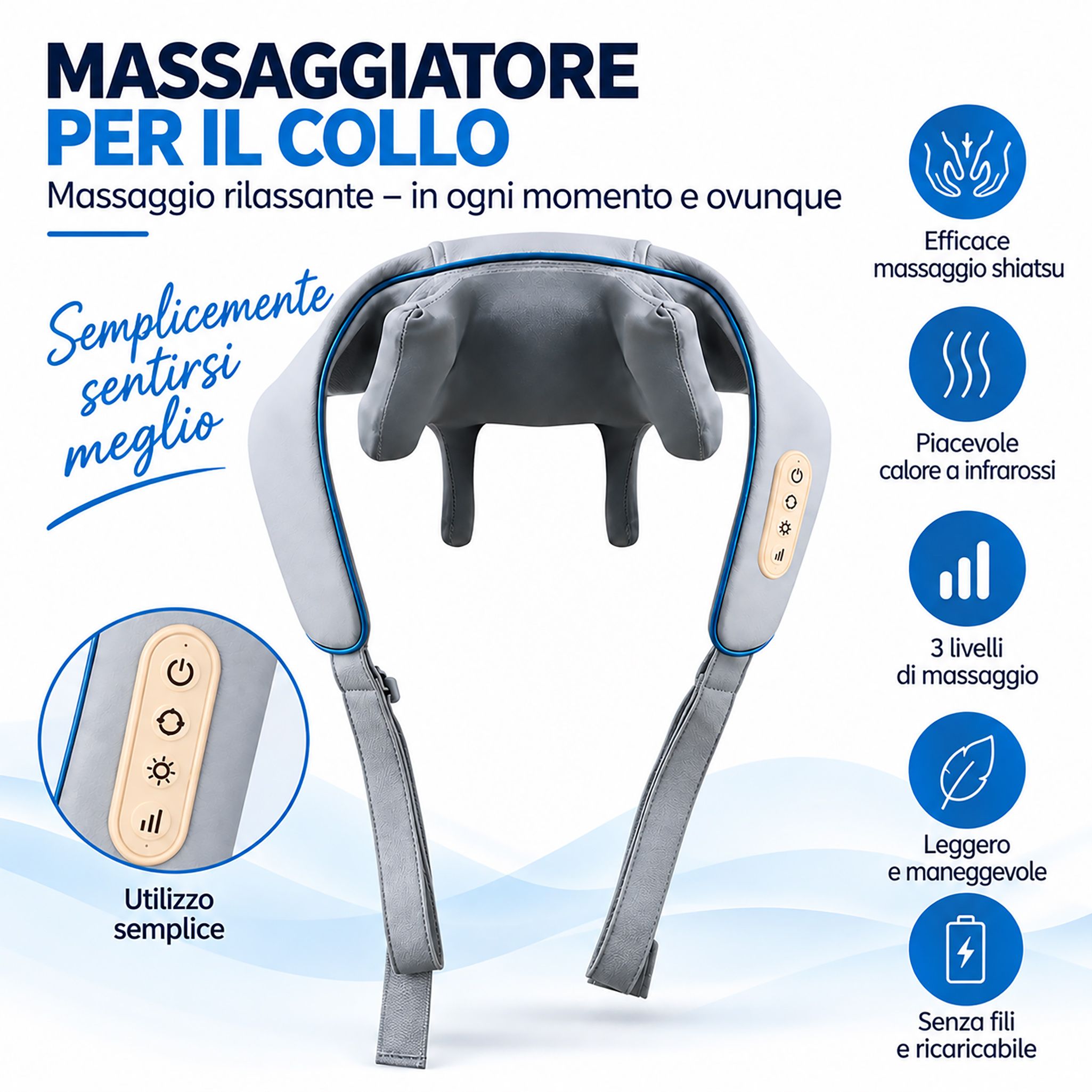 Massaggiatore per il collo grigio con massaggio shiatsu e funzione di calore, indossato da una donna in top bianco.