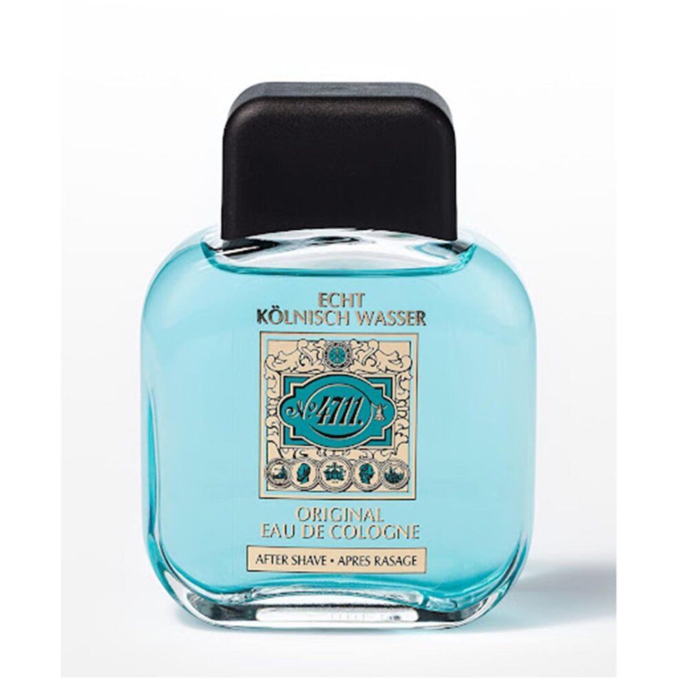 Flacone azzurro con tappo nero. Etichetta con logo '4711' e testo 'Eau de Cologne Après Rasage'.