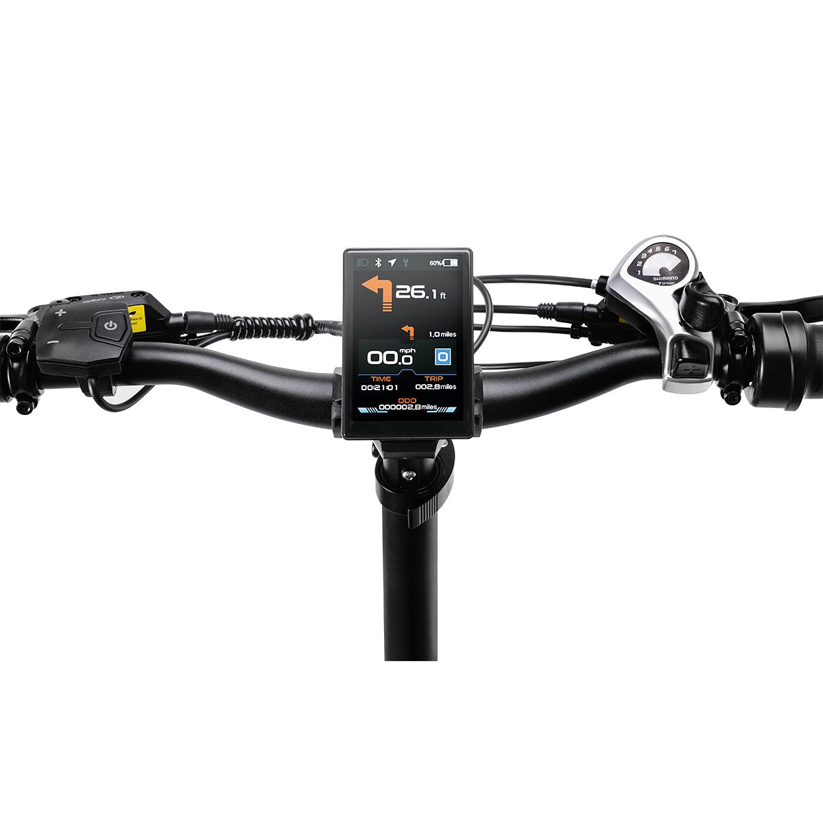 Manubrio di e-bike con display. Mostra navigazione e velocità. Manopole e comandi neri.