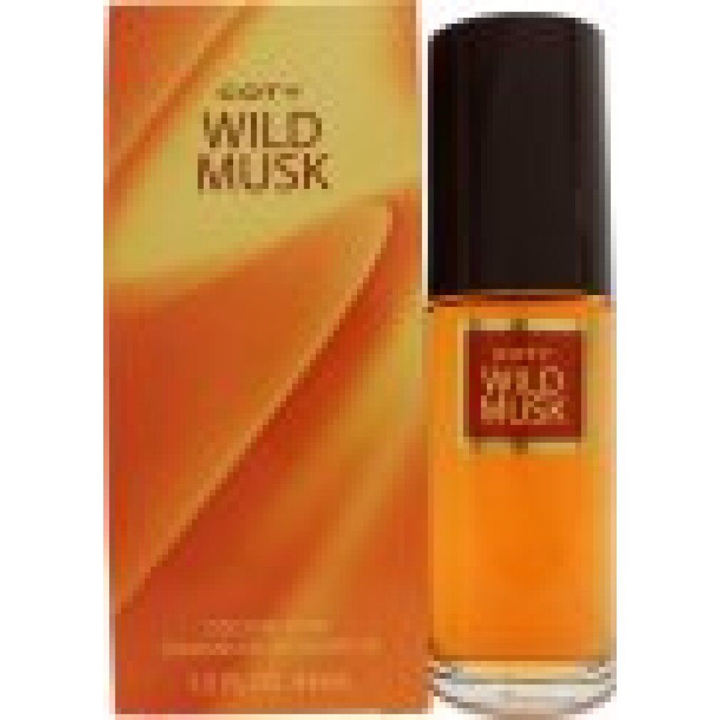 Coty Wild Musk Eau de Cologne Spray e confezione. Flacone con tappo marrone ed etichetta. Scatola arancione.