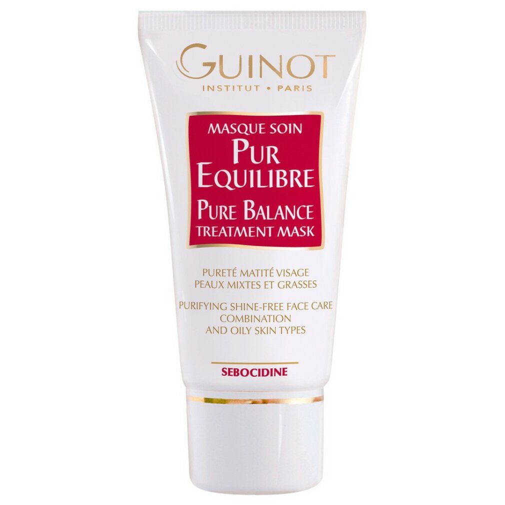 Tubo bianco e rosso con nome del prodotto e marchio. Testo: Masque Soin Pur Équilibre, Pure Balance Treatment Mask.