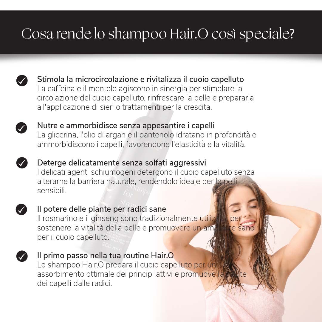 Testo su sfondo bianco. Contiene informazioni sullo shampoo. Vegano, Cruelty Free e dermatologicamente testato.
