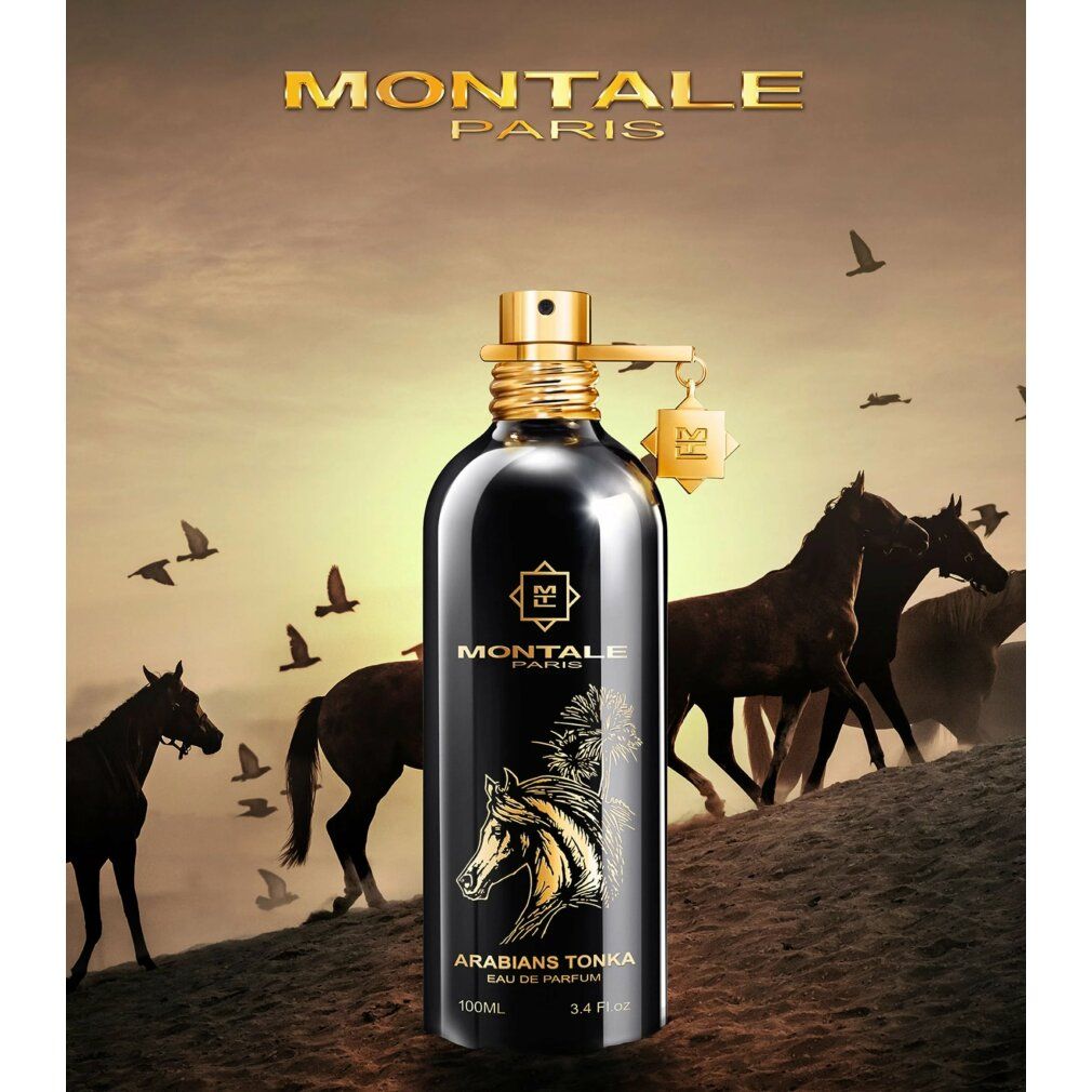 Flacone nero con tappo dorato. Scritta Montale, Arabians Tonka. Illustrazione di un cavallo.