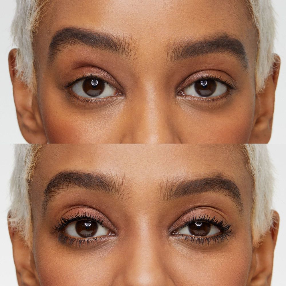 Paio di occhi prima e dopo l'applicazione del mascara. Le ciglia sono notevolmente più voluminose.