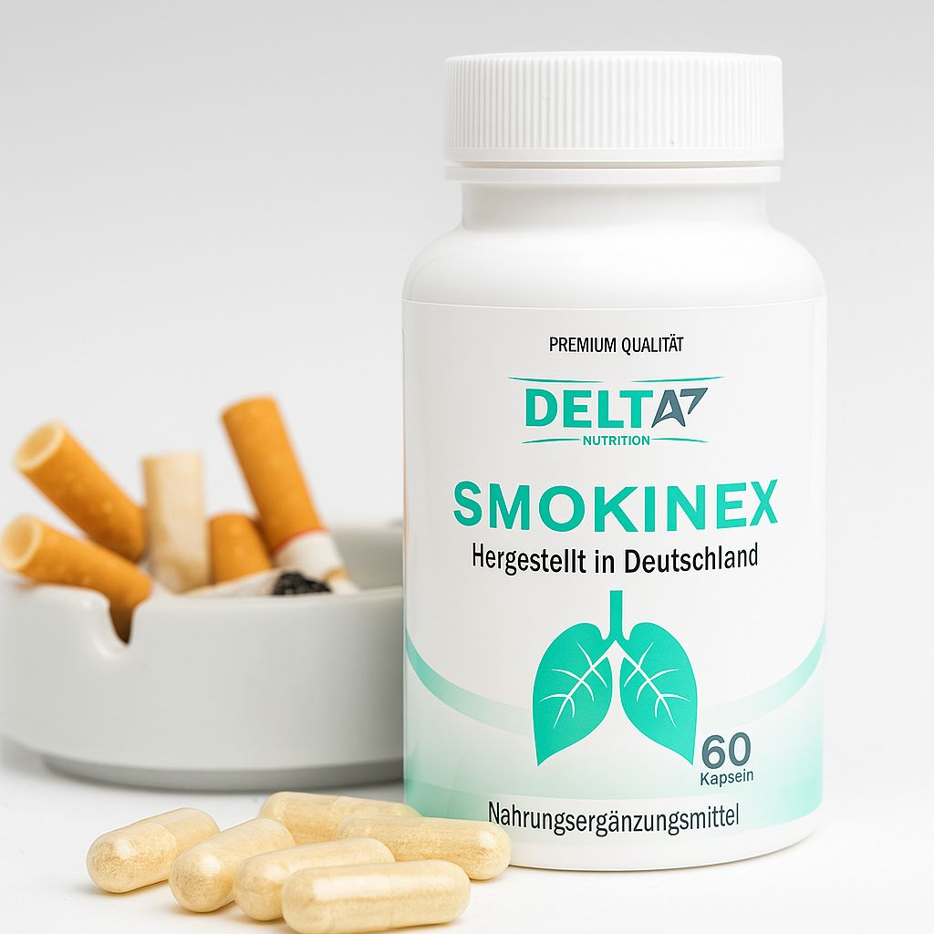 Flacone bianco con scritta SMOKINEX, DELTA7 NUTRITION, 60 capsule. Capsule accanto. Posacenere con mozziconi di sigaretta.