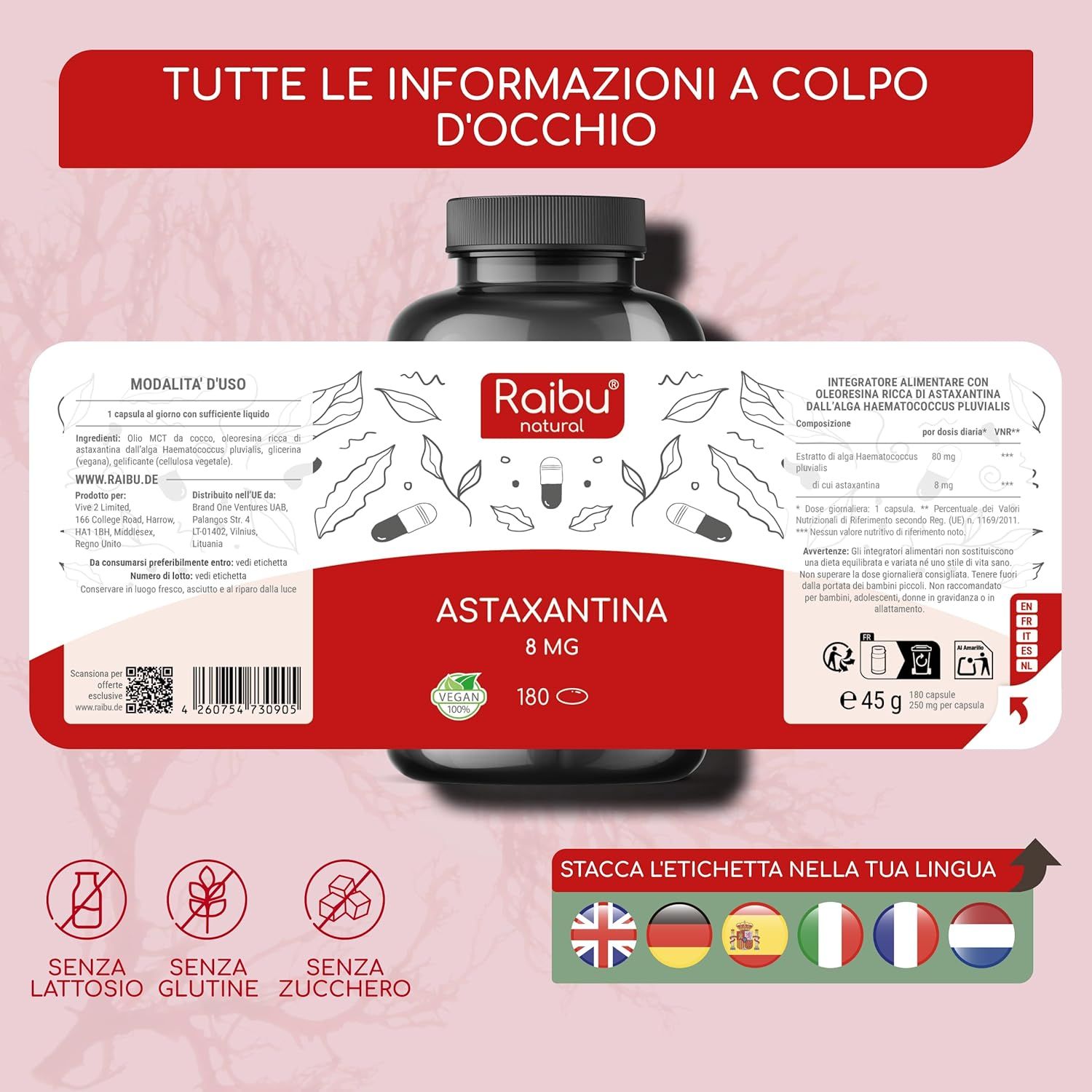 Flacone di Astaxantina con etichetta. Testo: Tutte le info a colpo d'occhio. Etichette multilingue.