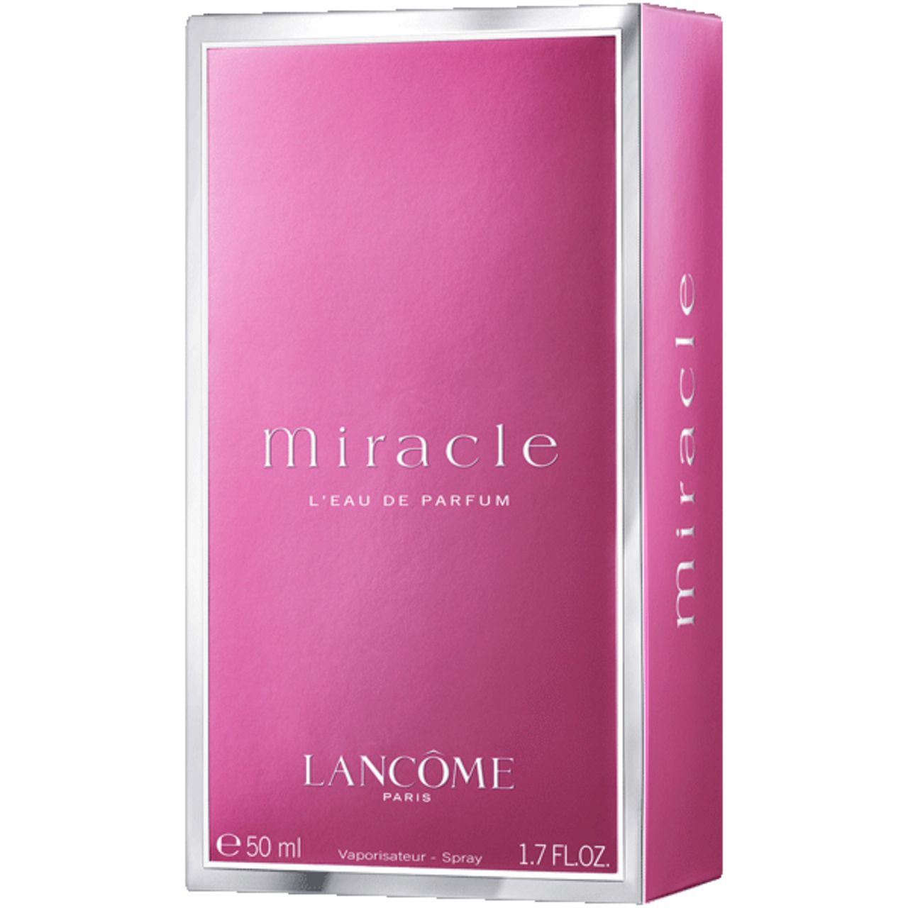 Scatola rosa di Lancôme Miracle L'Eau de Parfum. Scritta "miracle" e "L'EAU DE PARFUM". 50 ml.