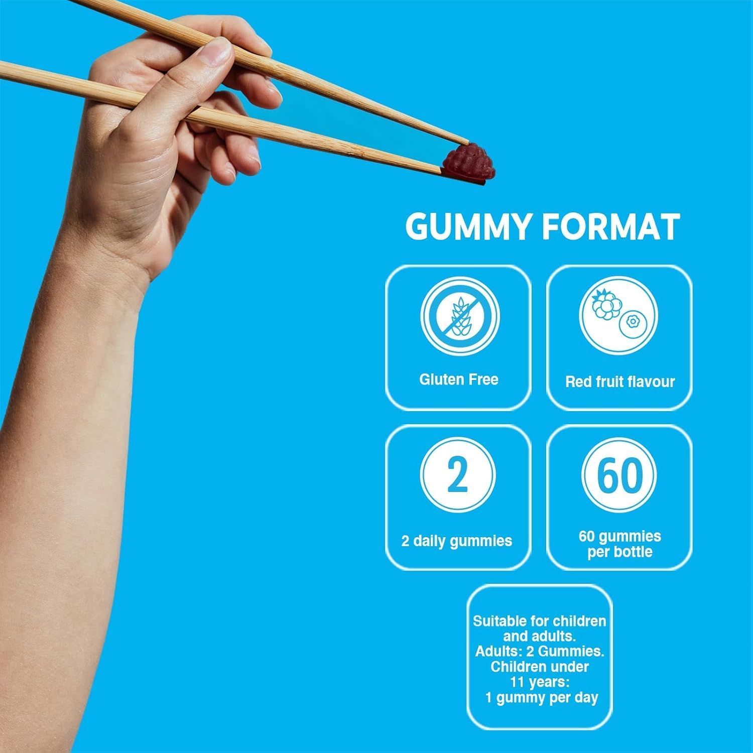 Mani che tengono una caramella gommosa rossa con le bacchette. Testo: Senza glutine, gusto di frutta rossa, 2 al giorno, 60 per bottiglia.