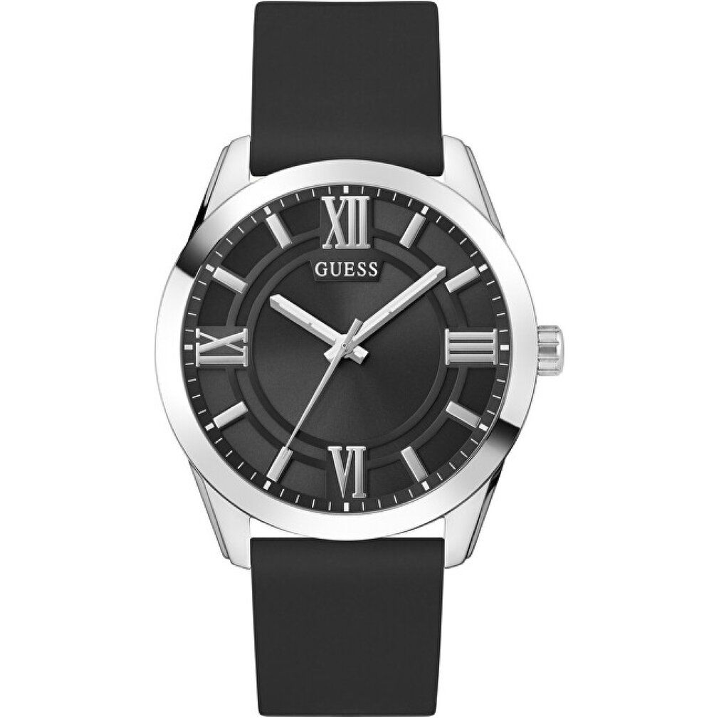 Orologio da uomo con quadrante nero, cassa argentata e cinturino nero.
