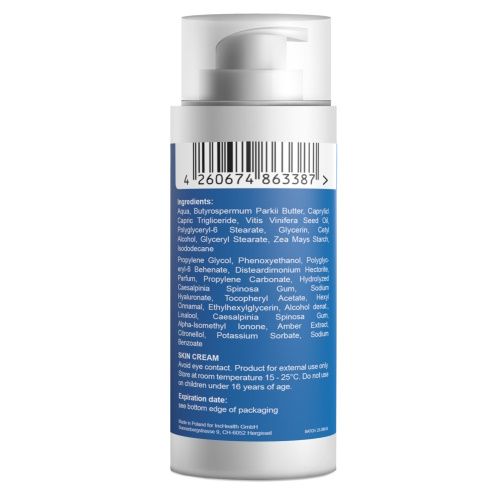 Retro del flacone di crema. Codice a barre ed elenco degli ingredienti. Testo: SKIN CREAM, Product for external use only. Expiration date: see bottom edge.