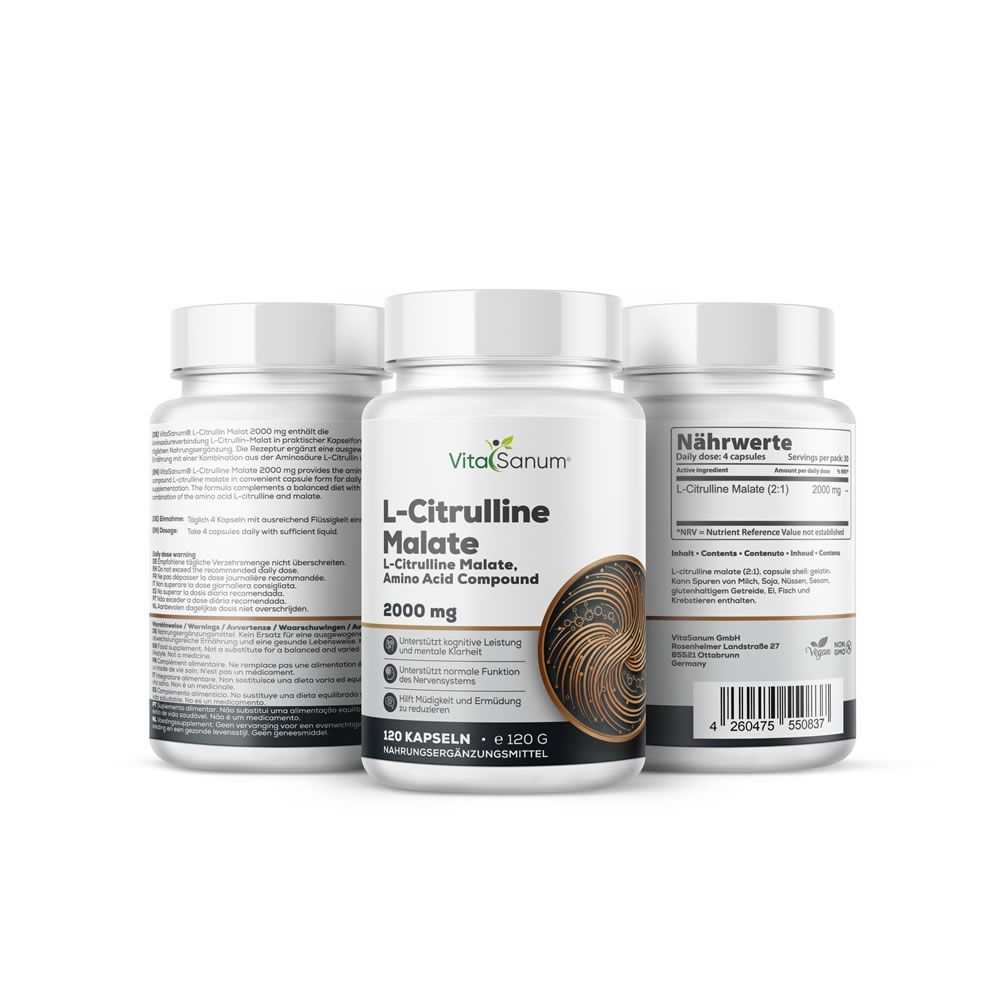 Tre flaconi bianchi VitaSanum L-Citrullina Malato. Scritta: 2000 mg, 120 capsule. Integratore alimentare.