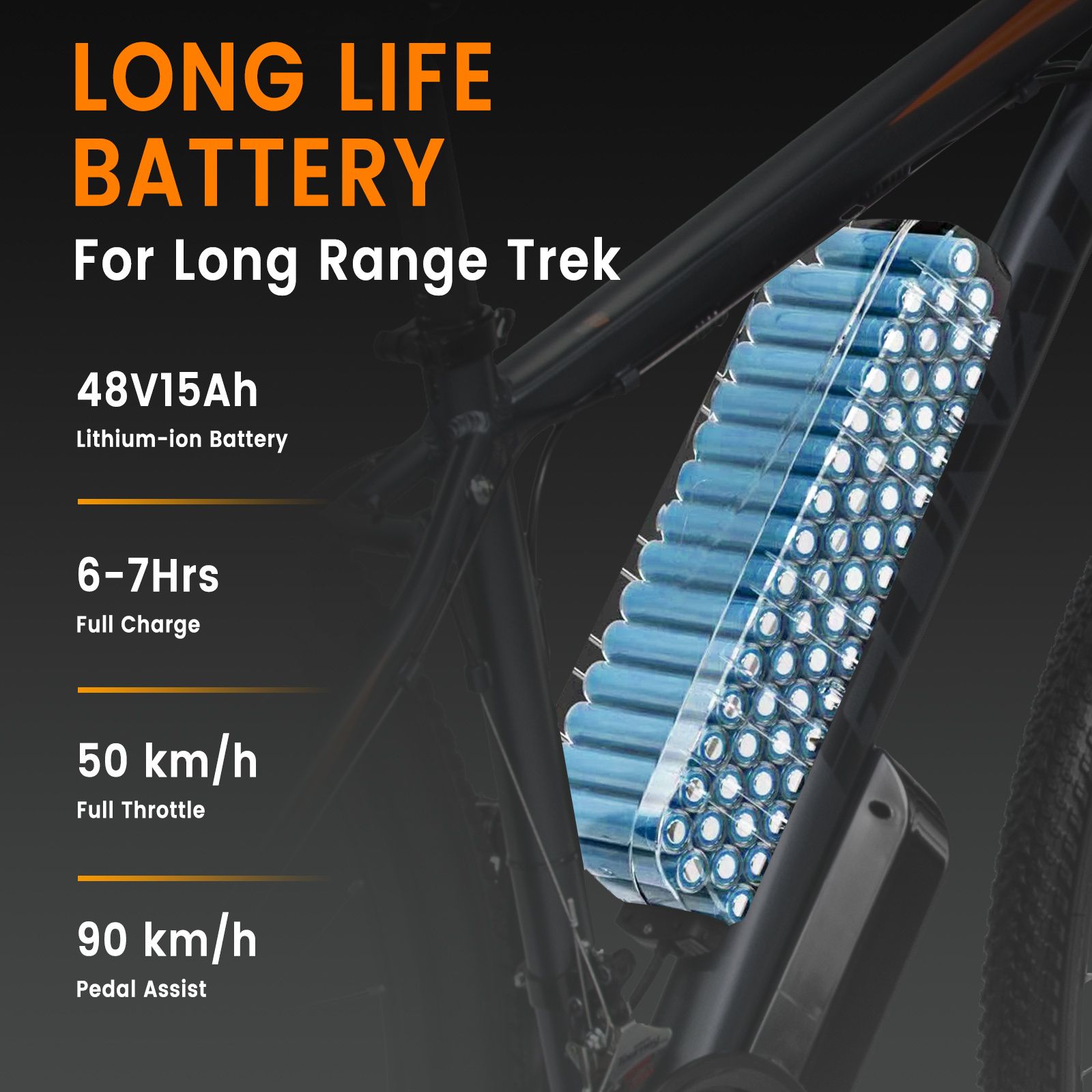 Batteria e-bike con informazioni. Batteria agli ioni di litio 48V 15Ah. Tempo di ricarica, autonomia, pedalata assistita.