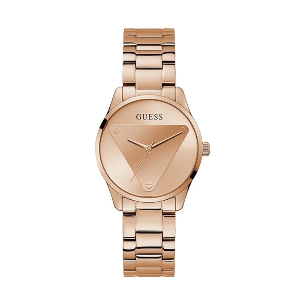 Orologio da donna Guess in oro rosa con quadrante triangolare e cinturino in metallo.