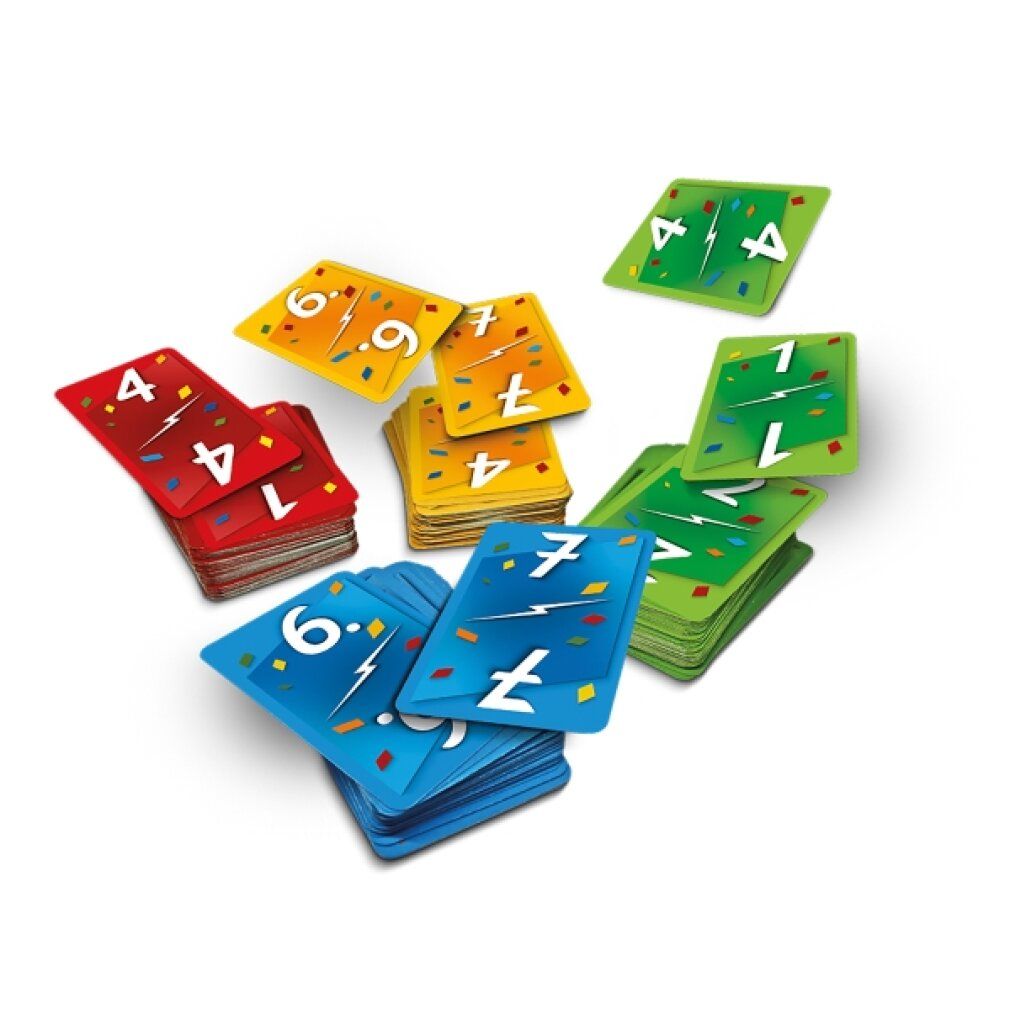 Scatola blu del gioco di carte "Ligretto". Logo Schmidt Spiele. Carte con numeri e colori.