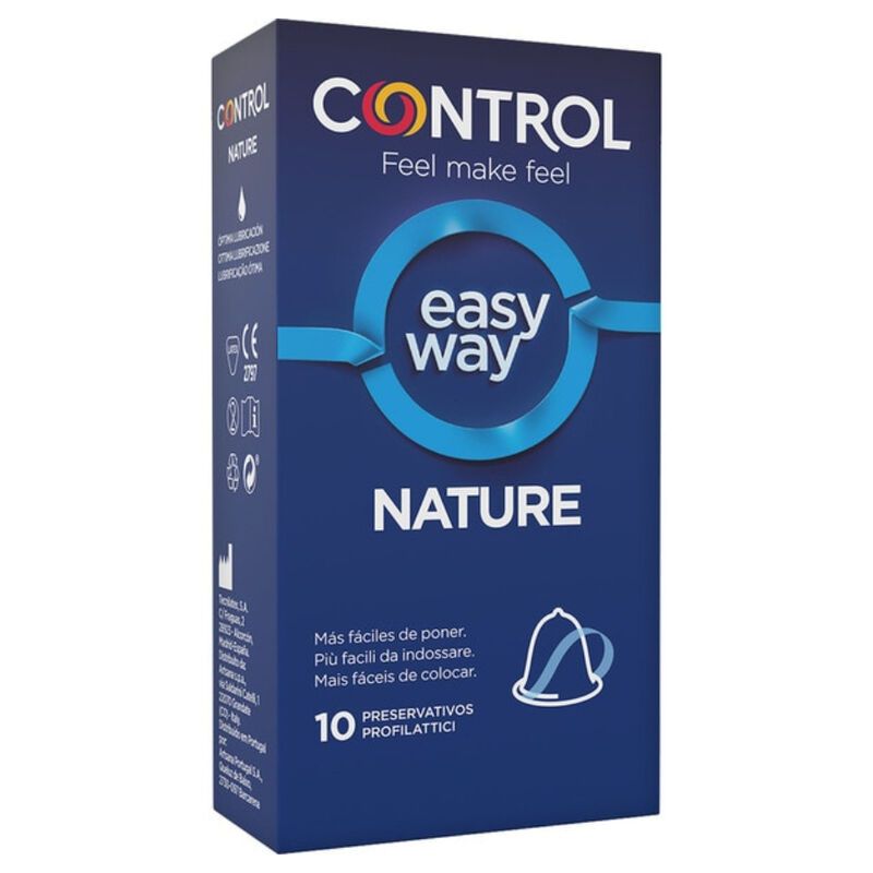 Confezione preservativi Control Easy Way Nature, 10 pezzi. Scatola blu con informazioni sul prodotto e sigilli.