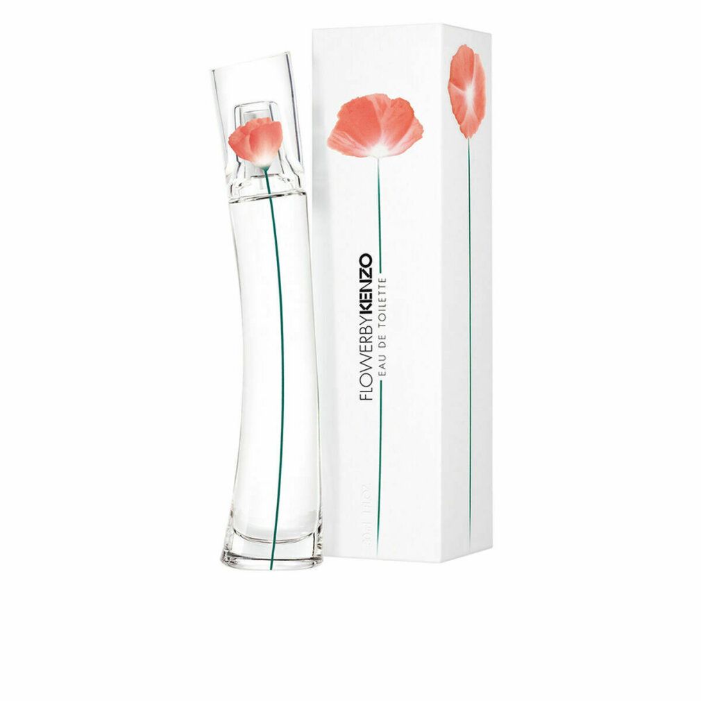 Flacone e confezione Kenzo Flower by Kenzo Eau de Toilette. Scatola bianca con fiore rosso. Flacone trasparente con fiore.