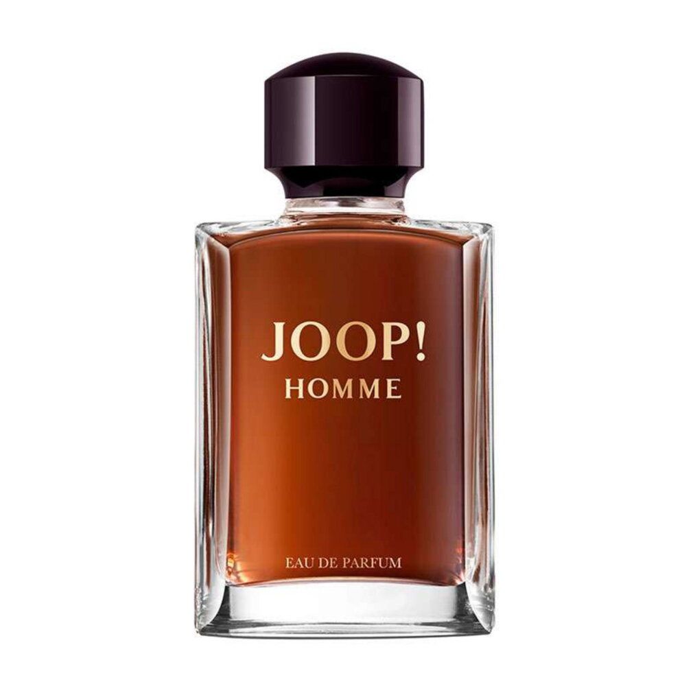 JOOP! Homme Eau de Parfum in una bottiglia di vetro rettangolare con liquido marrone e tappo scuro.