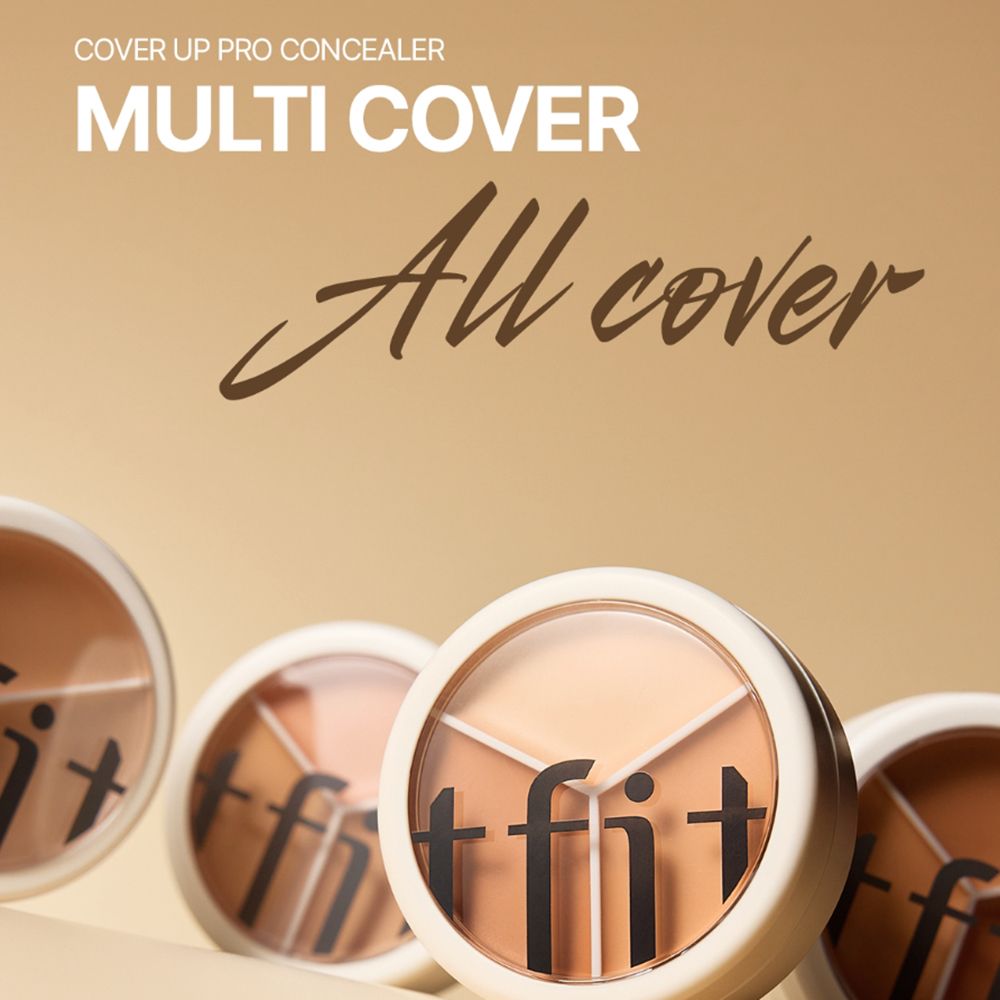Diverse palette di correttore. Tre tonalità. Logo TFIT. Testo: Cover Up Pro Concealer, All Cover.