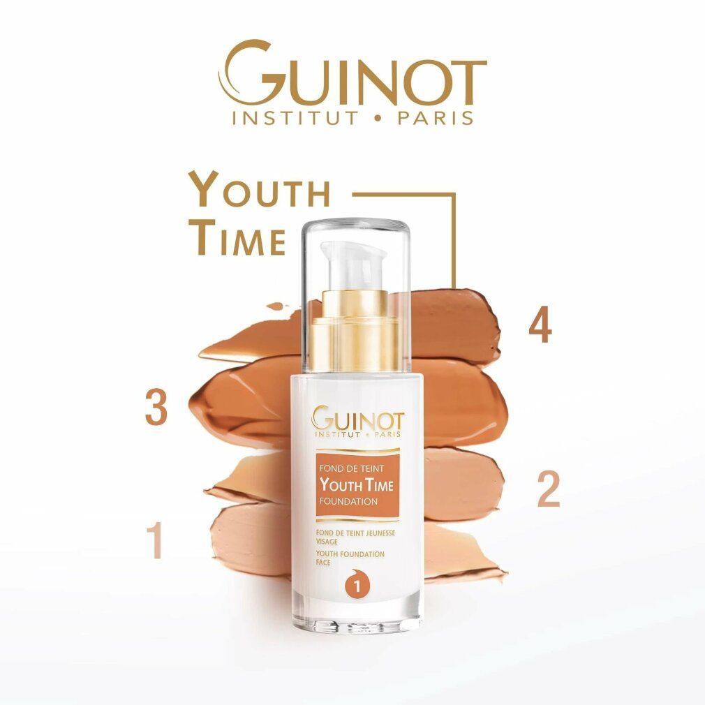 Flacone Guinot Youth Time Foundation Nr. 1 con campioni di colore. Scritta: Youth Time Foundation, Nr. 1.