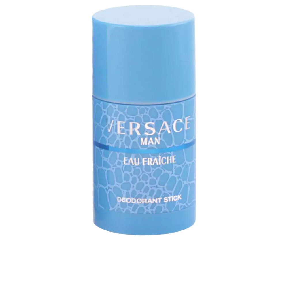Stick deodorante azzurro. Scritta: VERSACE MAN EAU FRAICHE DEODORANT STICK. Forma cilindrica.