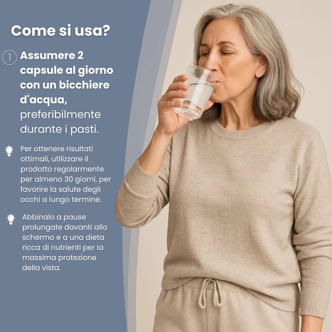 Donna beve acqua, testo accanto. Testo: Come si usa? 2 capsule al giorno. Almeno 30 giorni.