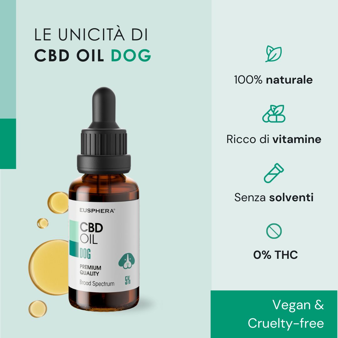 Flacone di olio CBD DOG, gocce. Testo: Cannabidiolo, olio di semi di canapa. Ingredienti naturali.
