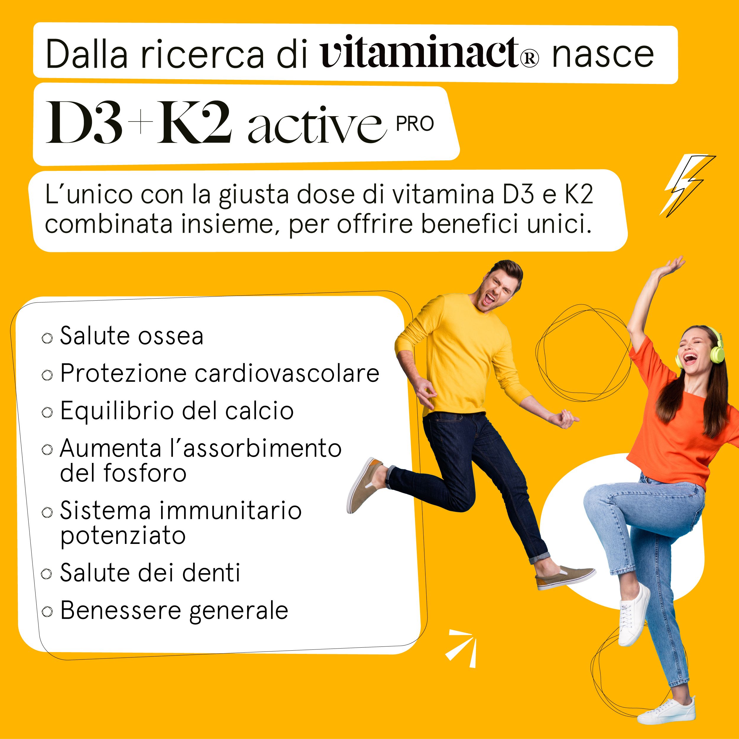 Infografica con testo su Vitamina D3+K2 active pro. Sono raffigurate due persone.
