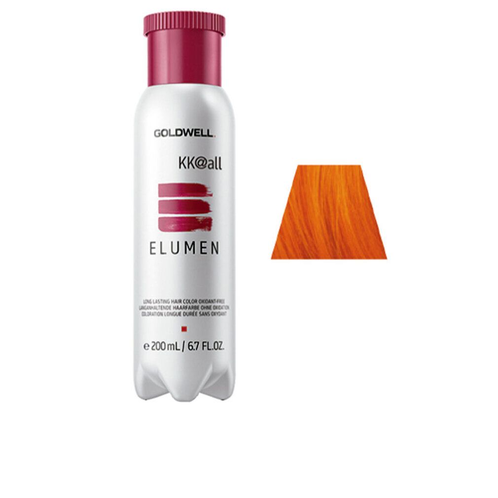 Flacone Goldwell Elumen, tappo rosso, con campione di colore arancione. Testo: Colore a lunga durata, lucentezza, senza ossidazione.