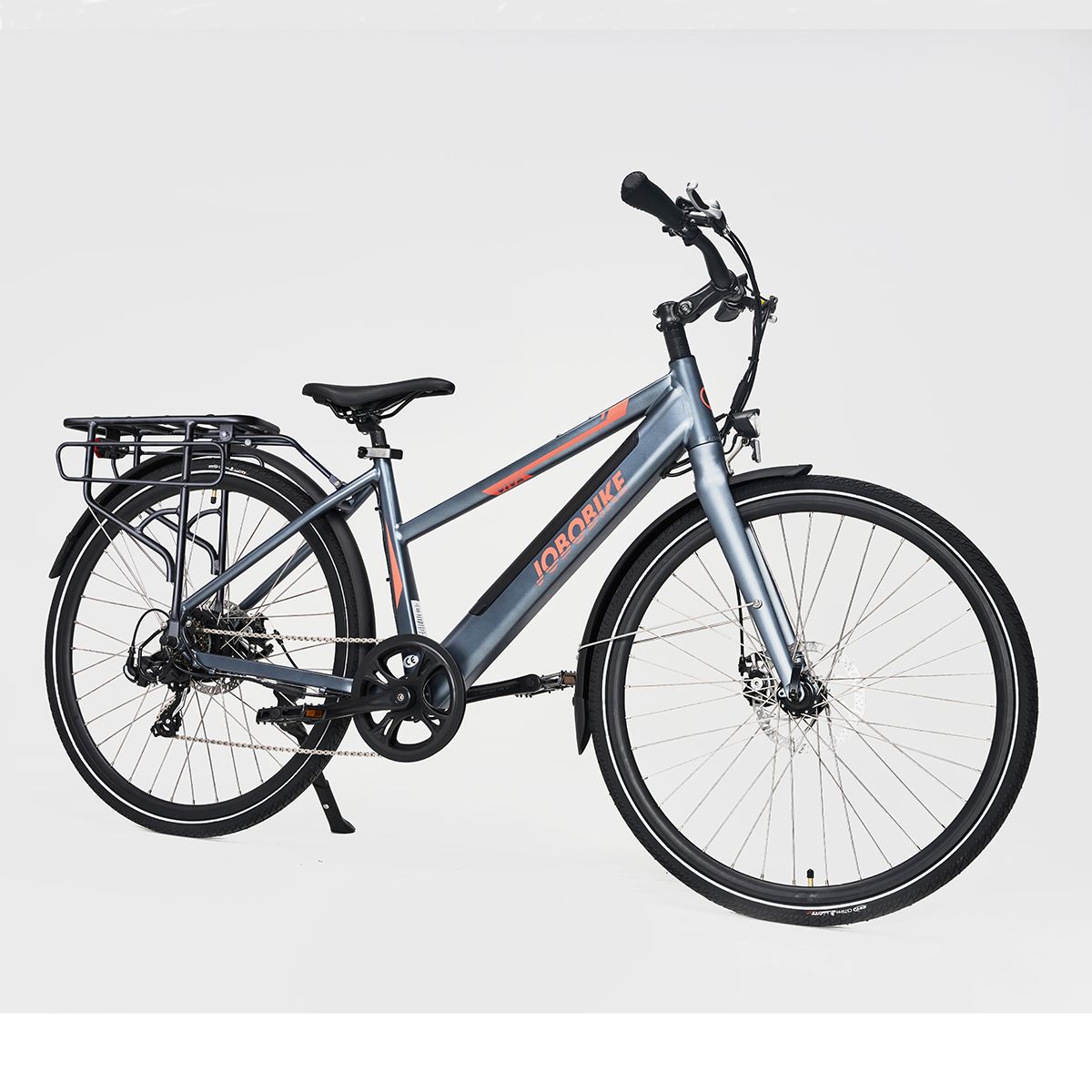 E-bike grigia JOBOBIKE Viva ST. Portapacchi, parafanghi, pneumatici neri. Logo JOBOBIKE sul telaio.