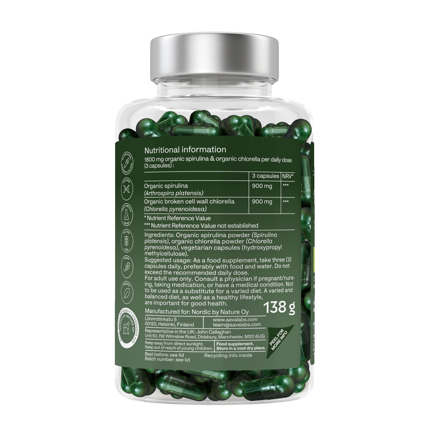 Retro di una bottiglia di capsule verdi. Testo: Informazioni nutrizionali, ingredienti, 138g.