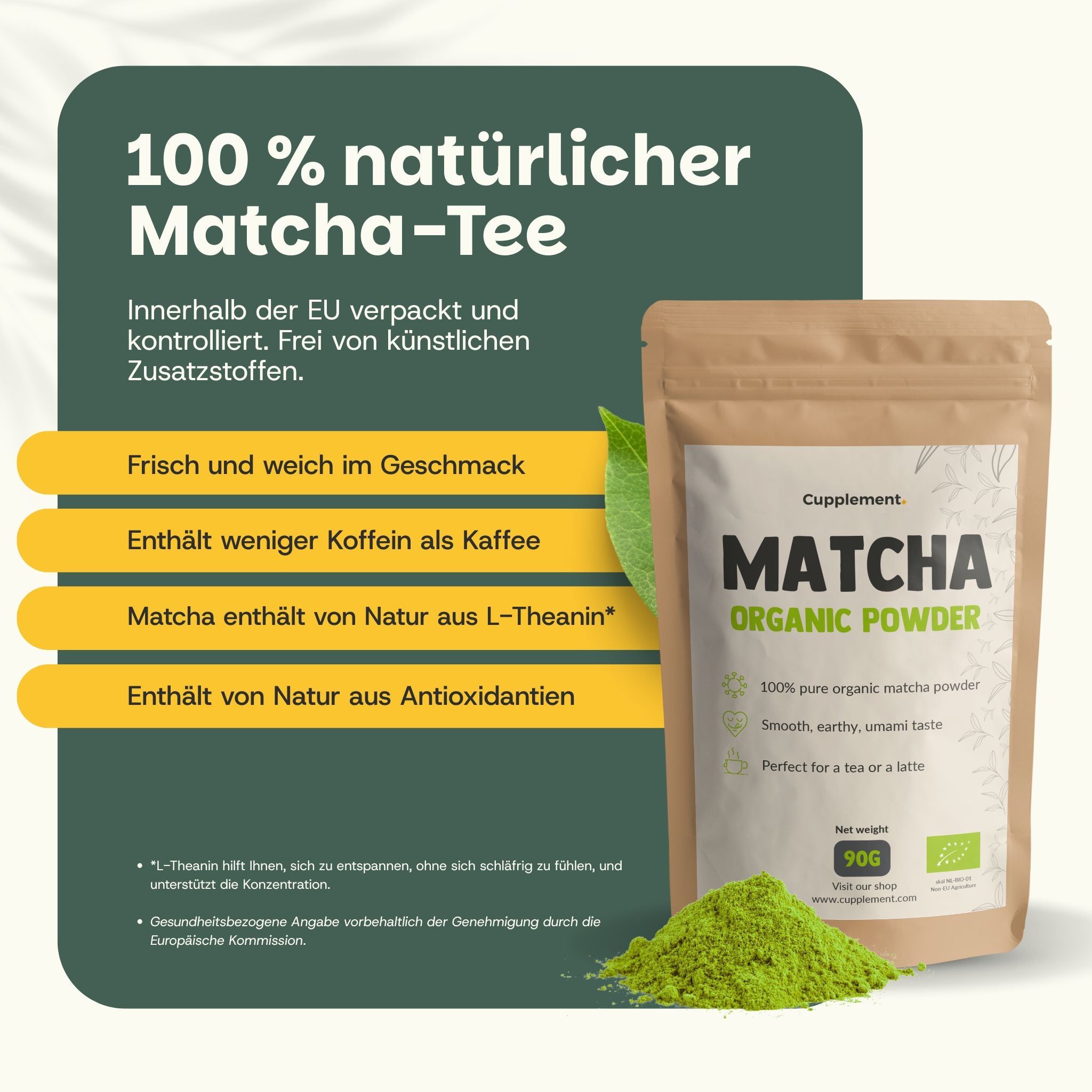 Confezione di polvere di matcha biologica 100% naturale. Testo: Matcha Organic Powder. 90g.