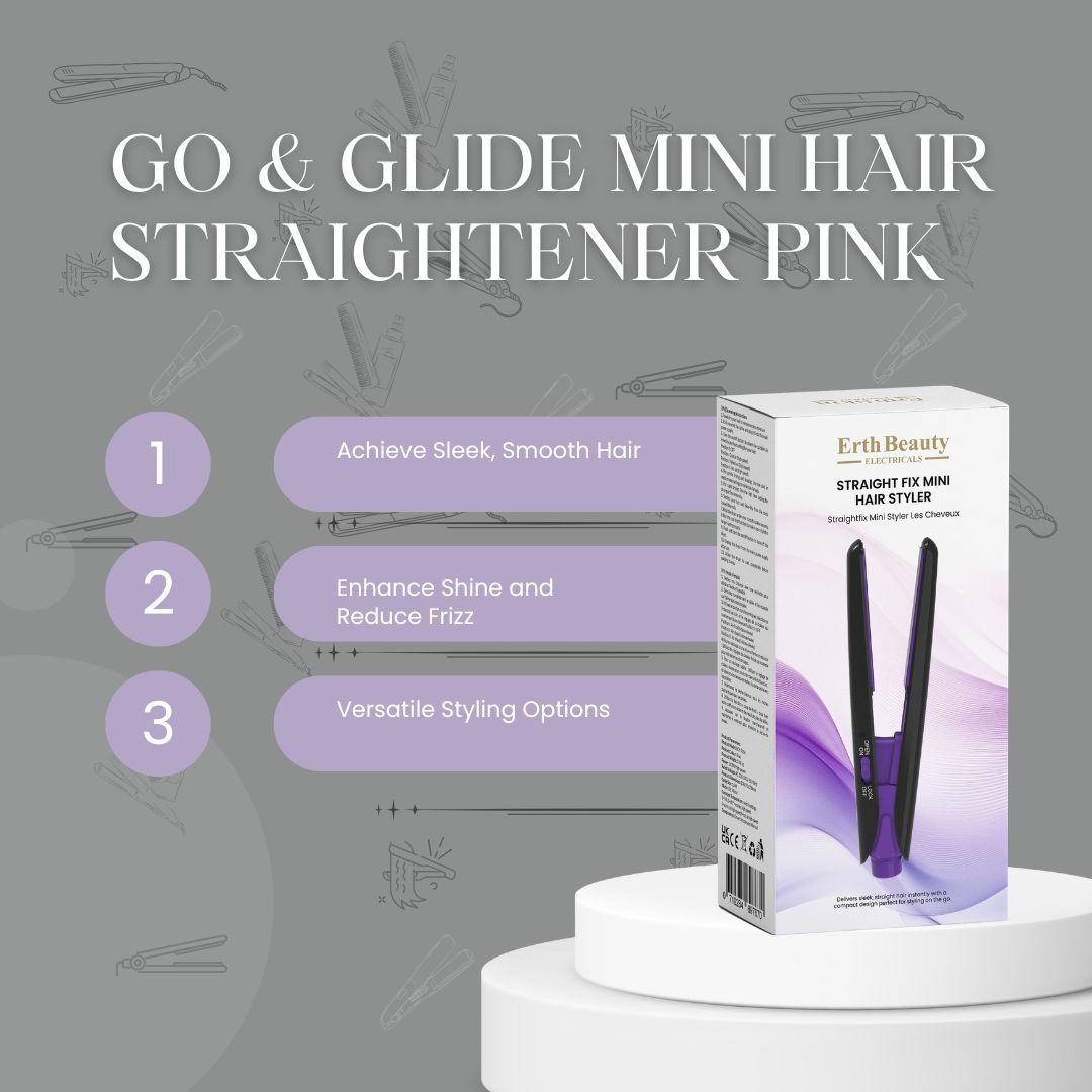 Prodotto e confezione su piedistallo. Testo: Go & Glide Mini Hair Straightener Pink. Marchio: Erth Beauty Electricals. Mini piastra.