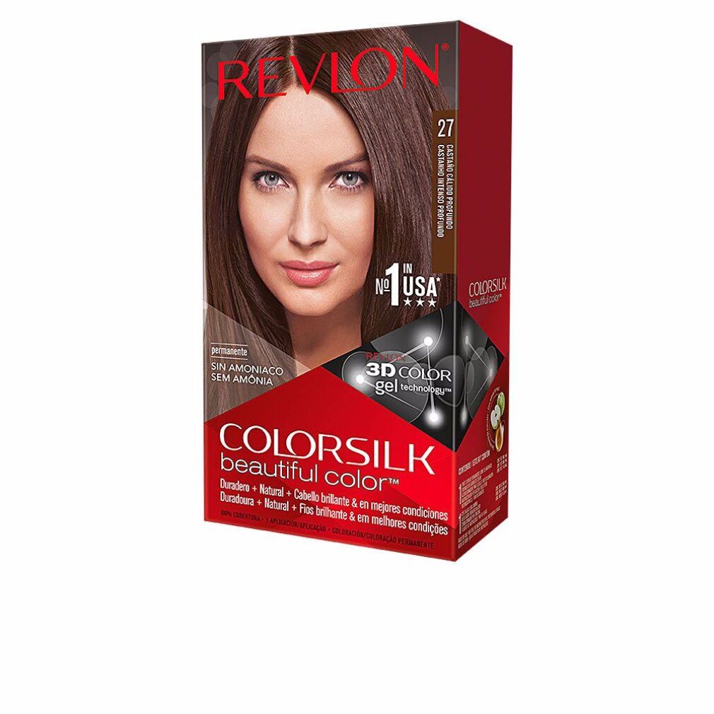 Confezione di tinta per capelli Revlon Colorsilk 27. Donna con capelli castani sulla confezione. Testo: Senza ammoniaca, 3D Color Gel Technology.