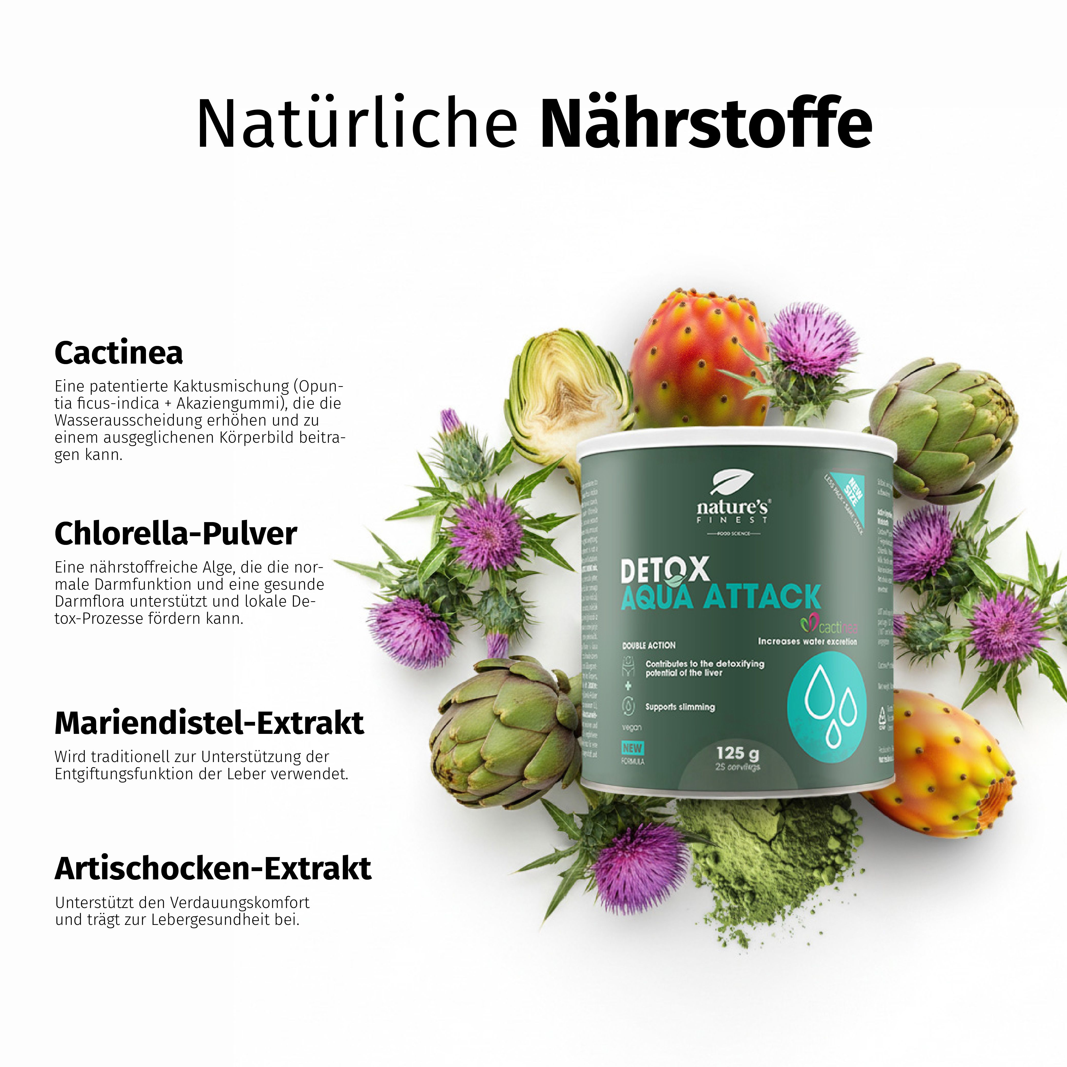 Lattina Nature's Finest Detox Aqua Attack circondata da fico d'India, carciofo e clorella.