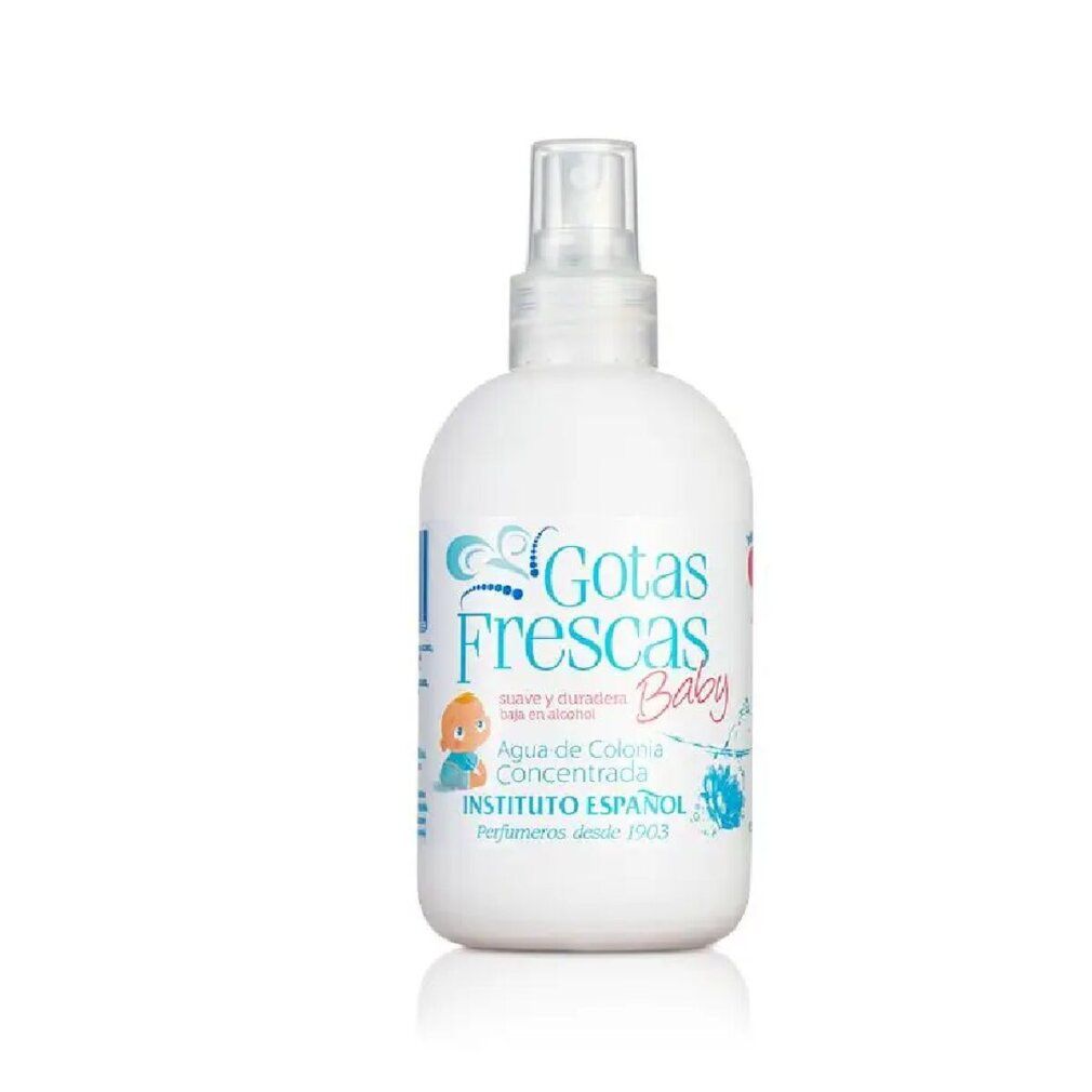Flacone bianco con vaporizzatore. Scritta: Gotas Frescas Baby, Agua de Colonia Concentrada. INSTITUTO ESPAÑOL.