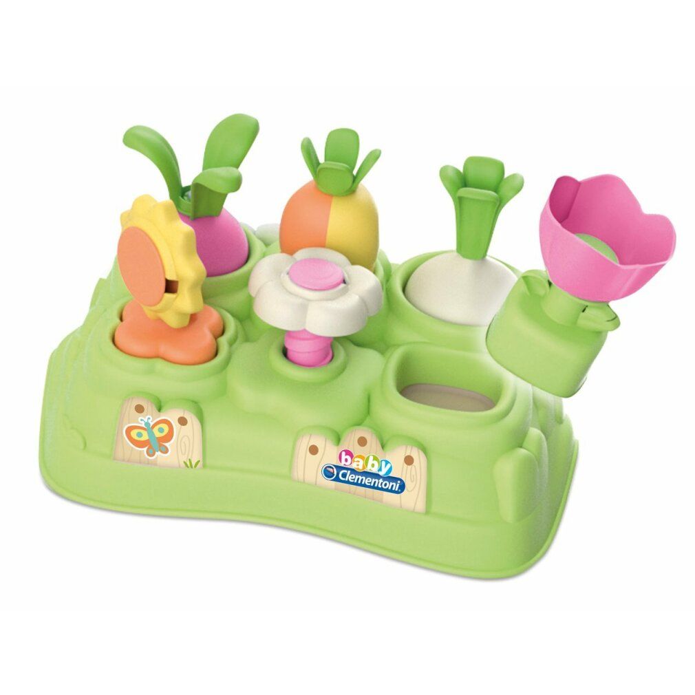 Giocattolo verde con fiori e verdure colorati. Logo Baby Clementoni. Diverse forme da inserire.
