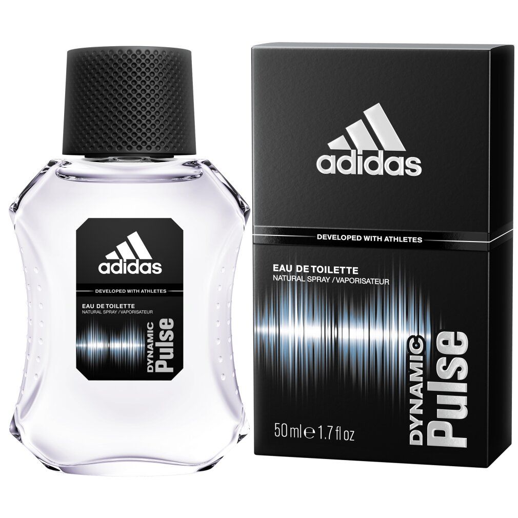 Adidas Dynamic Pulse Eau de Toilette. Flacone e confezione. Confezione nera con logo e informazioni. Flacone trasparente.