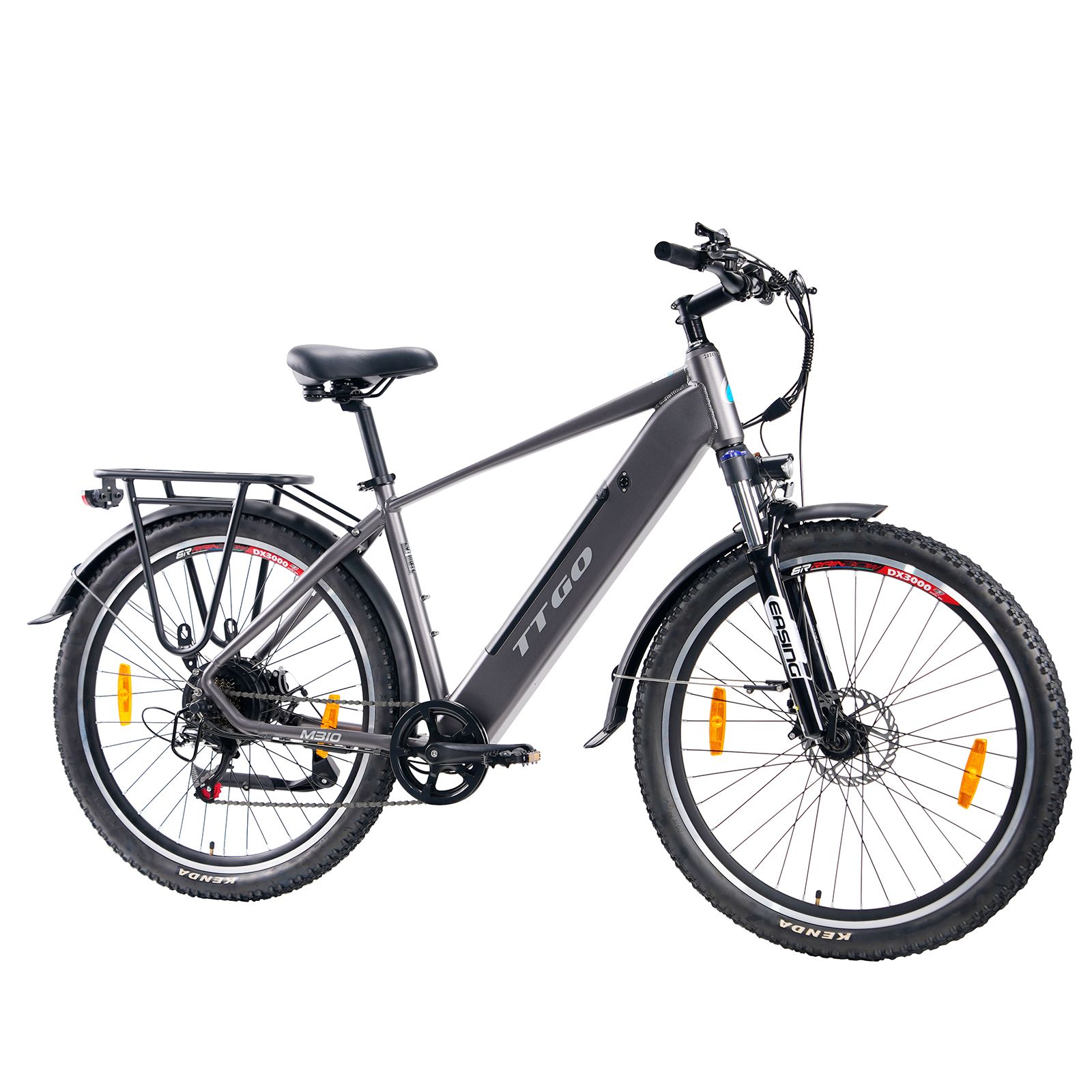 E-bike grigia con portapacchi e parafanghi. TTGO sul telaio. Pneumatici neri con catarifrangenti arancioni.