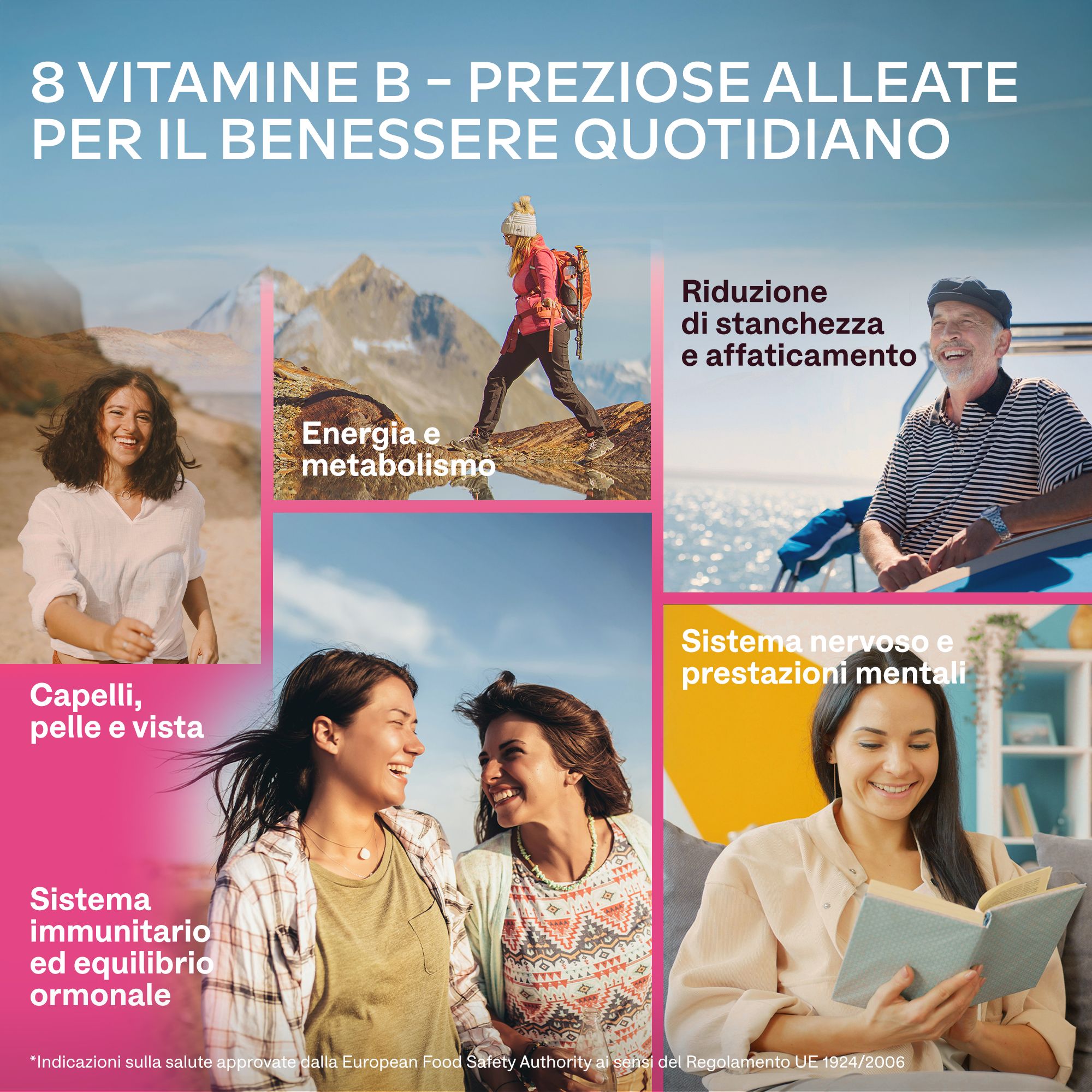 Capsule in un flacone di vetro. Scritta AAVALABS Vitamin B Complex. Sfondo rosa.