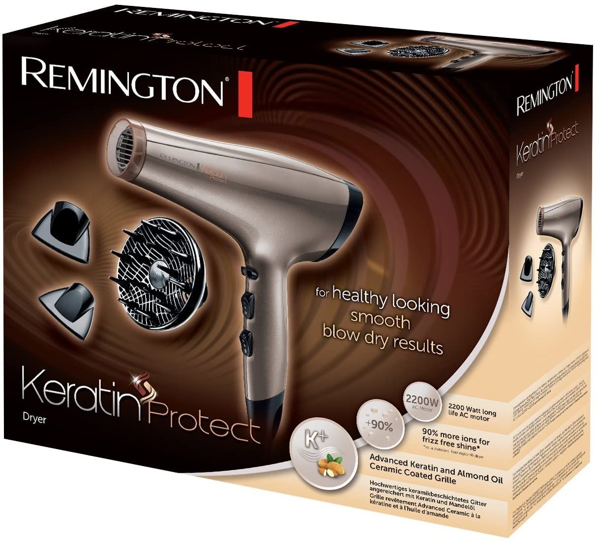 Confezione dell'asciugacapelli. Asciugacapelli, diffusore e accessori illustrati. Testo: 'Remington Keratin Protect'.