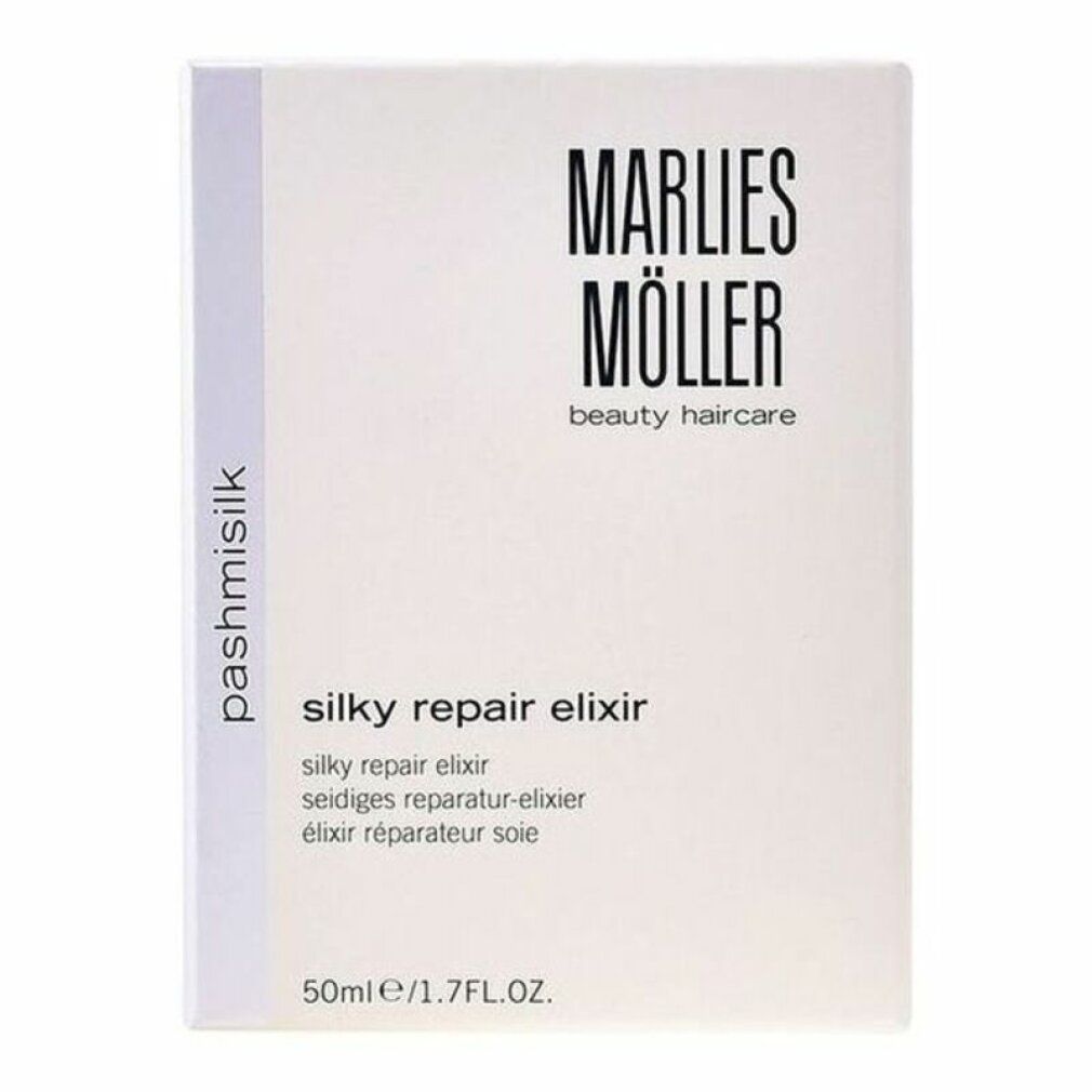 Confezione con scritta: Marlies Möller, silky repair elixir. Denominazioni multilingue del prodotto. 50ml/1.7FL.OZ.