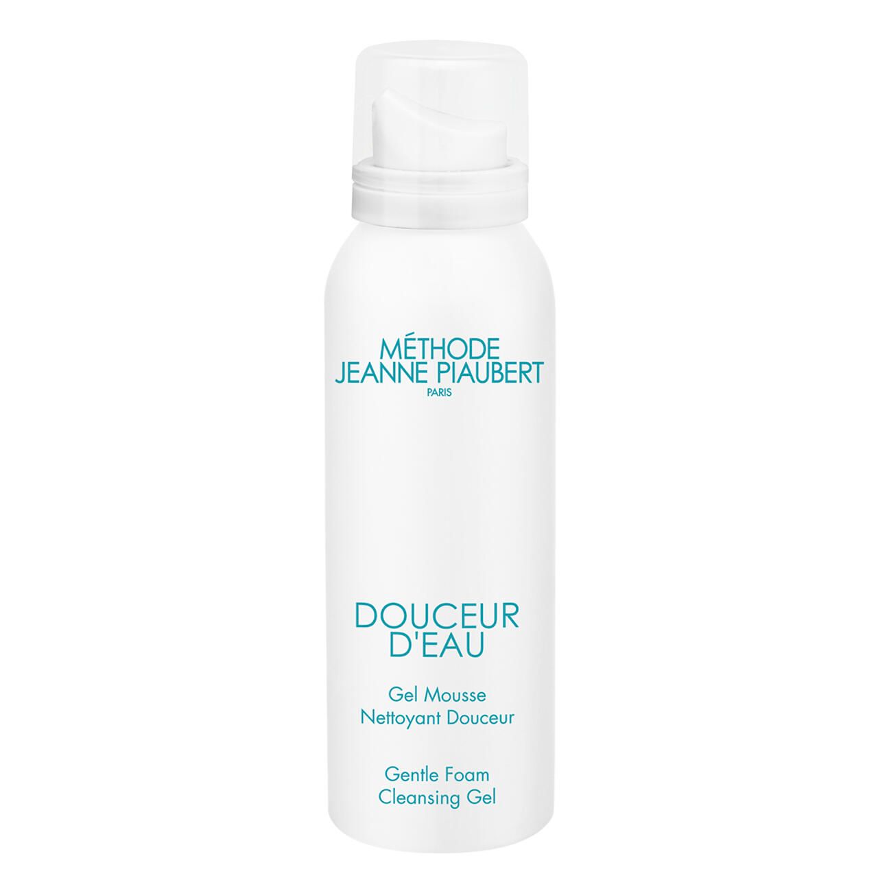 Flacone bianco con erogatore. Scritta: Methode Jeanne Piaubert, Douceur d'Eau, Gel Mousse, Gentle Foam Cleansing Gel.