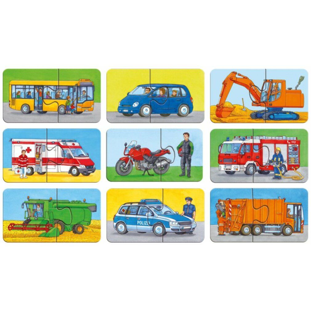 Puzzle in due pezzi con autobus giallo. Persone che salgono e scendono. Sfondo: erba verde.