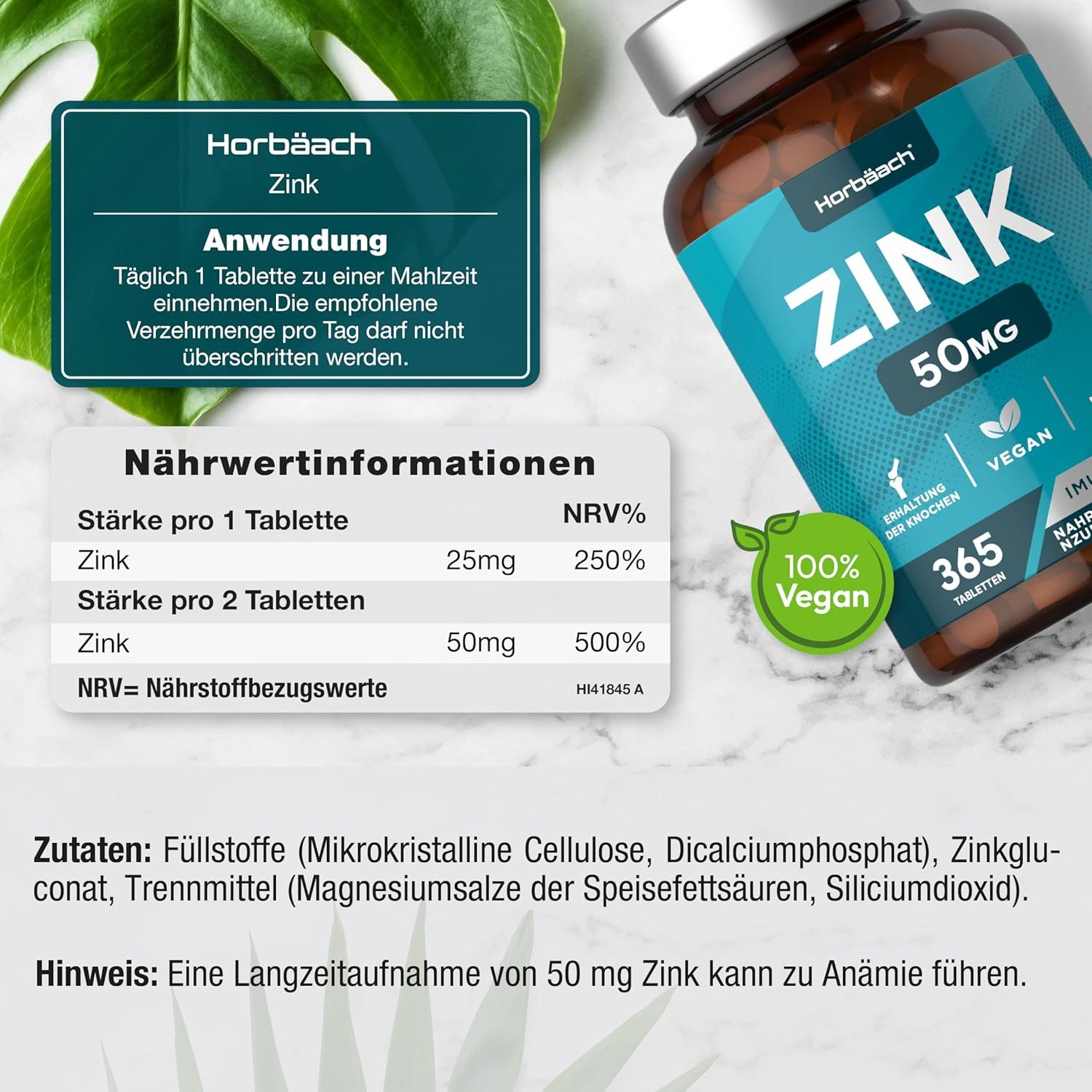 Compresse di zinco Horbaach. 100% vegano. 25mg di zinco per compressa. Elenco ingredienti e informazioni nutrizionali. Attenzione: anemia possibile.