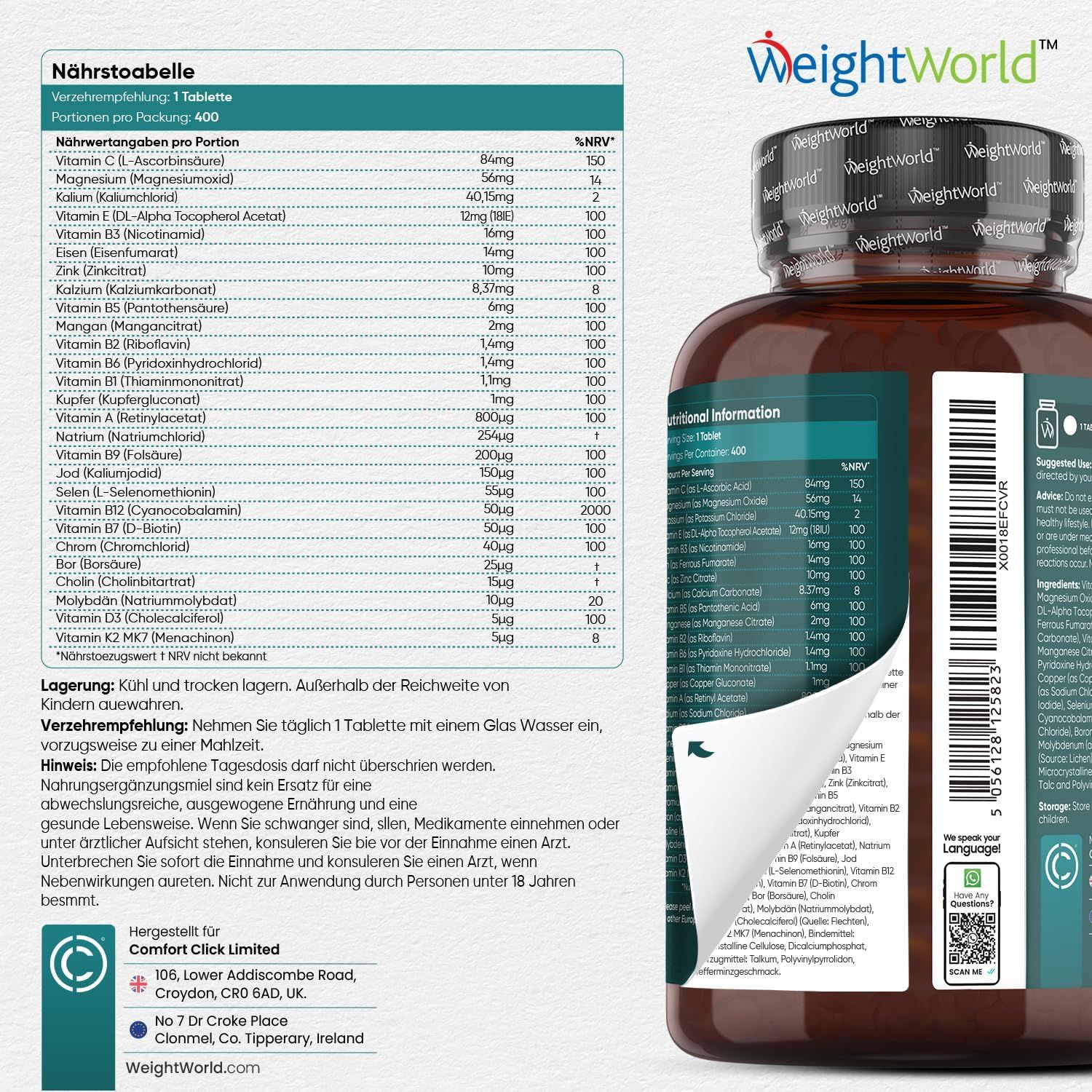 Etichetta con tabella nutrizionale e ingredienti. Informazioni su conservazione, dosaggio e avvertenze.